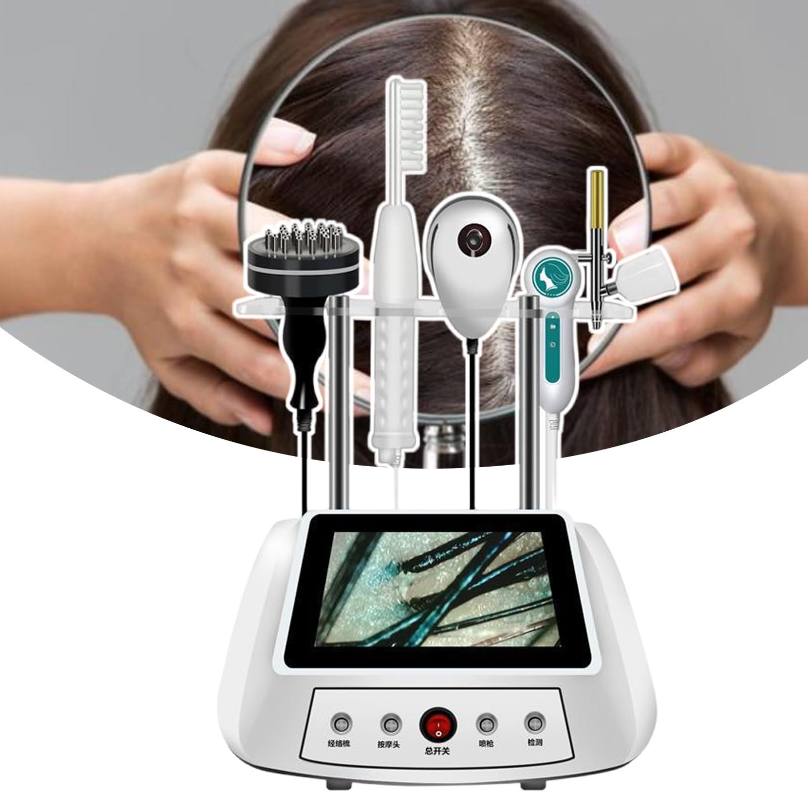 Dispositivo Para El Cuidado Del Cuero Cabelludo Con DeteccióN De Cabello De 200X, Con 5 Sondas Funcionales, MáQuinas De Terapia Capilar Con Pulverizador De Terapia De Calor EléCtrico, 30 X 37 X 36 Cm