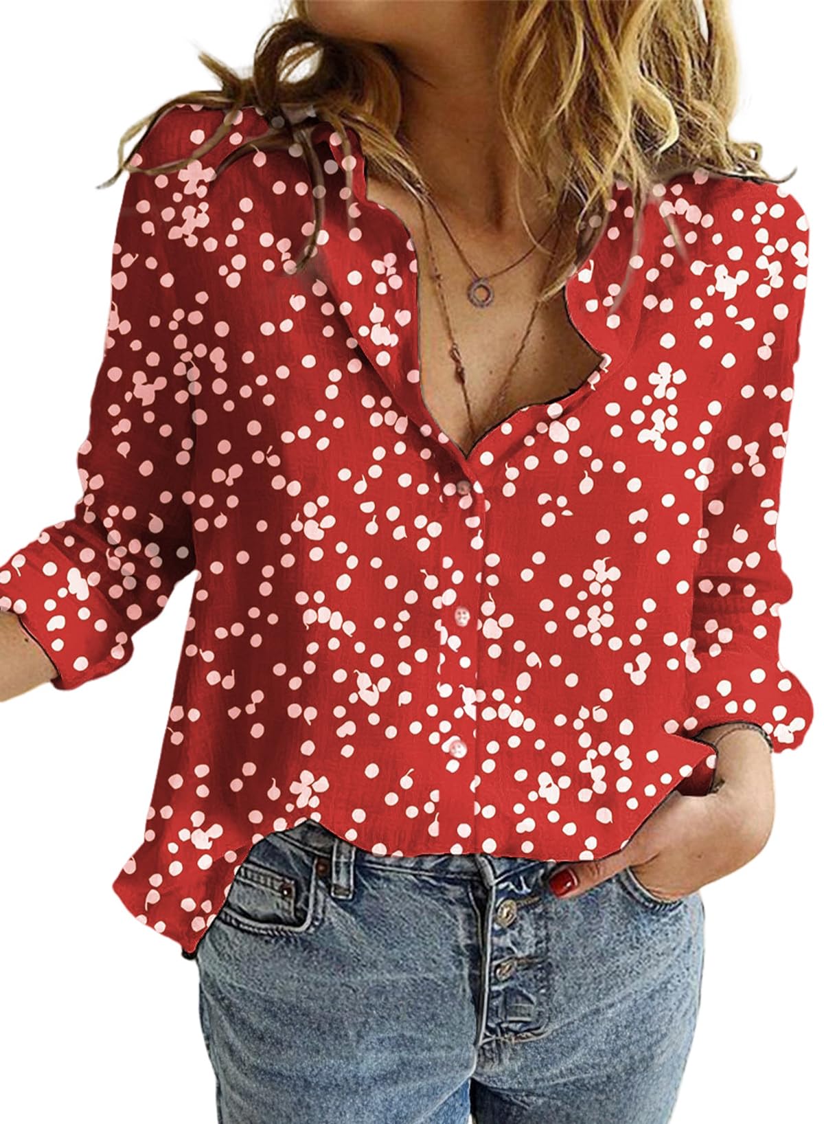 Dokotoo Women's Casual V Neck Alicia Floral Print Roll Up Long Sleeve Chiffon Button Down Blouses Bohemian Top Shirts