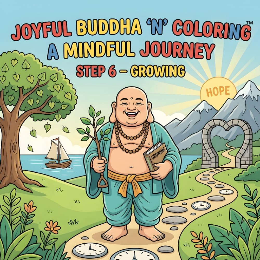 Joyful Buddha ‘n’ Coloring A Mindful Journey Step 6 – Growing: A Mindfulness Coloring Book for Adults Featuring Inspirational Quotes, Meditation ... Designs, and Peaceful Buddhist Inspired Art