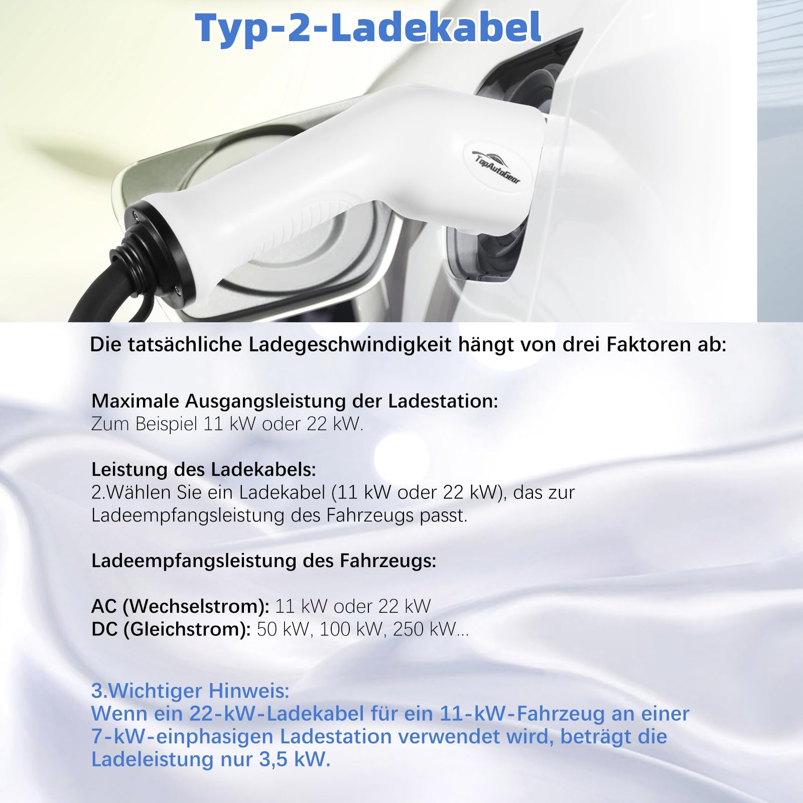 TopAutoGear Typ 2 Ladekabel 22kW 8m 32A 3-Phasen Mode 3 Ladekabel Typ 2 mit Tragetasche für EV/PHEV - E-Auto geeignet für Model X/Y/S/3, e-Golf, ID.3, i3/i8, IP65 wasserdicht