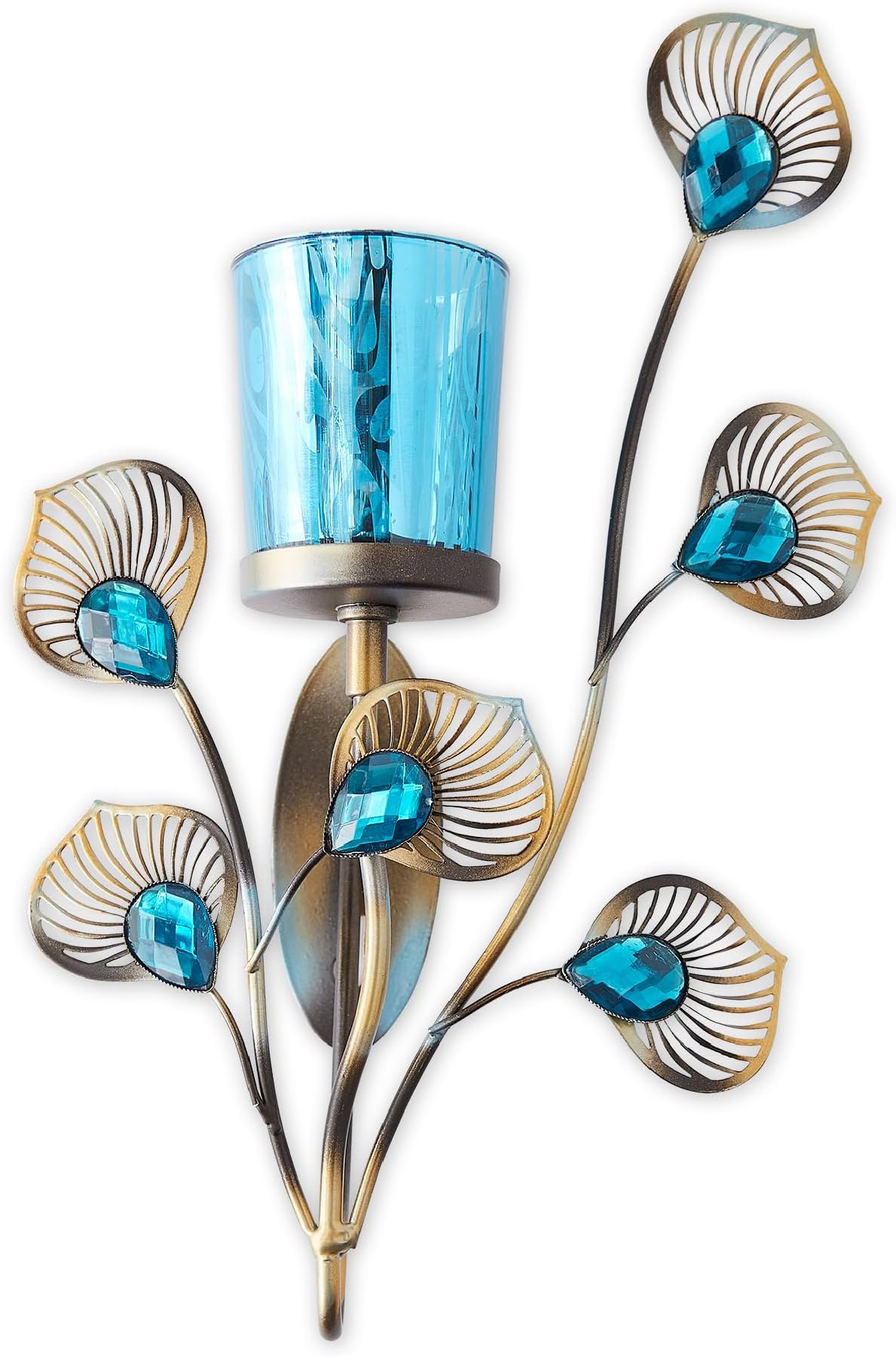 Zingz & Thingz Exotic Peacock Plume Collection Tealight & Candle Lighting, 6.75x2.25x10.75, Wall Sconce Single