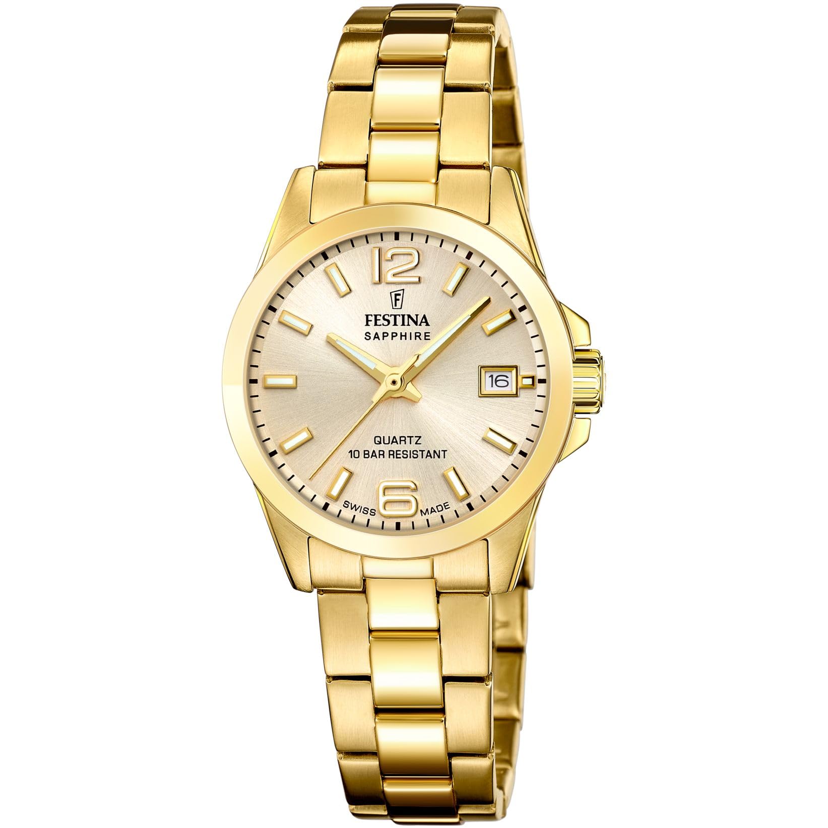 Festina Zegarek damski F20050/2 Swiss Made Classics Złota koperta ze stali nierdzewnej Złota bransoleta ze stali nierdzewnej, beżowy