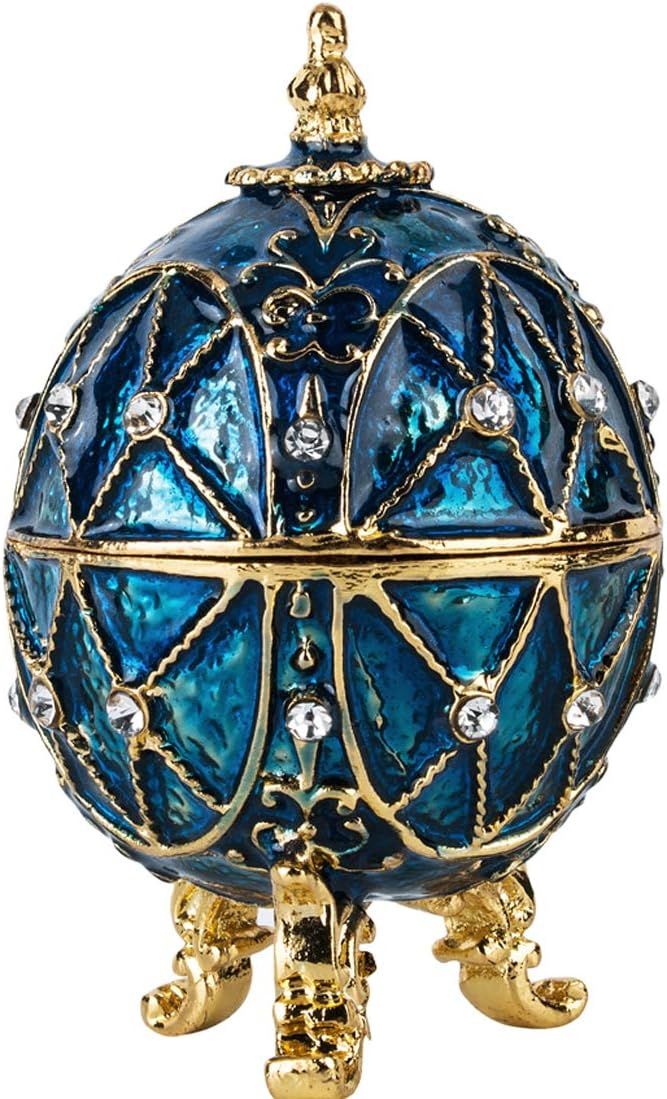 YU FENG 2.6inch Blue Faberge Egg Trinket Box Collectible,Hand-Painted Easter Egg Crystal Jeweled Jewelry Box Hinged Christmas Gift