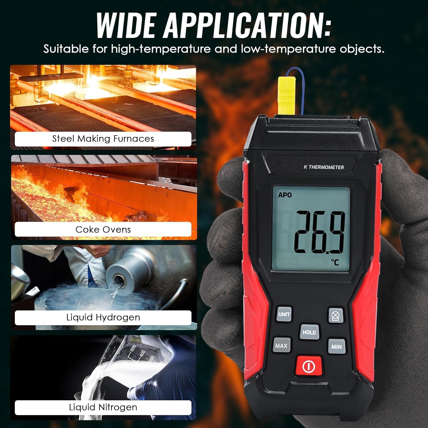 Termometro Digitale a Termocoppia Tipo K -328°F ~ 2501°F con Display LCD Retroilluminato Max/Min per HVAC