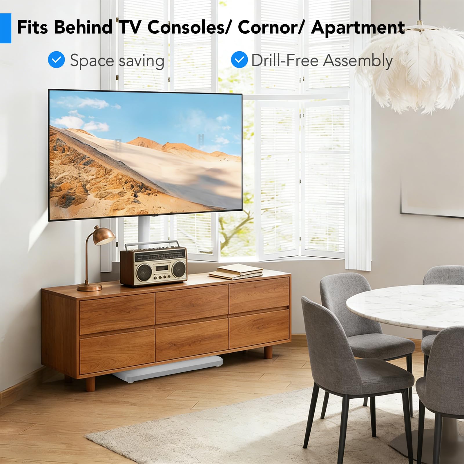 AX WABER Meuble TV au Sol avec Support pour téléviseurs de 26 à 60 Pouces pesant jusqu'à 77 LB, Meuble TV pivotant et inclinable à Hauteur réglable avec Base en Bois, Blanc AX1012TW