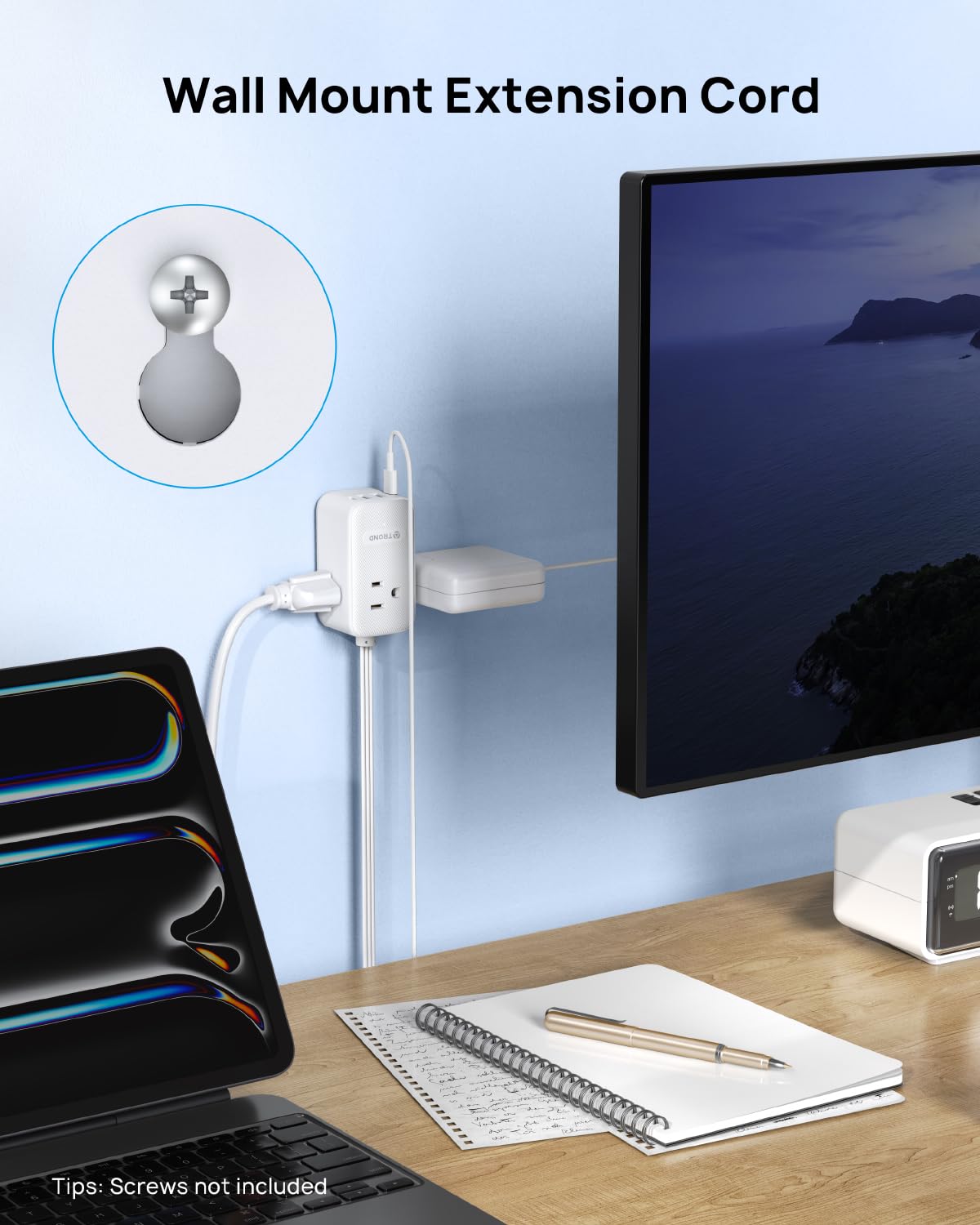 TROND 20W USB C Travel Power Strip - Ultra Thin Flat Plug Small 10ft Long Extension Cord Wall — view 6