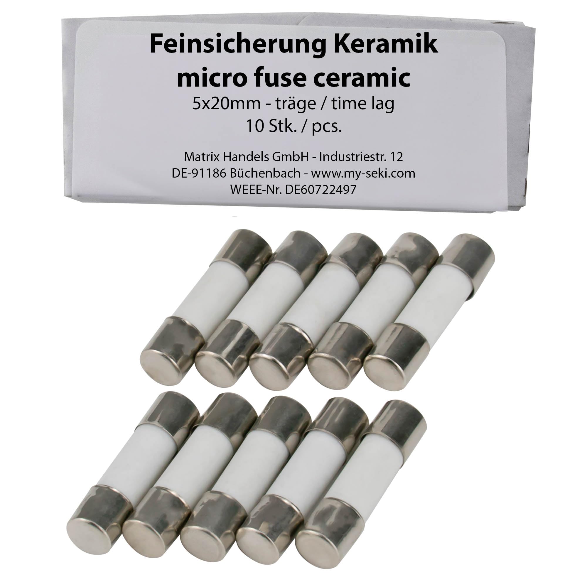 SeKi - Lote de 10 fusibles cerámicos (10 A, 5 x 20 mm, lentos, 250 V)