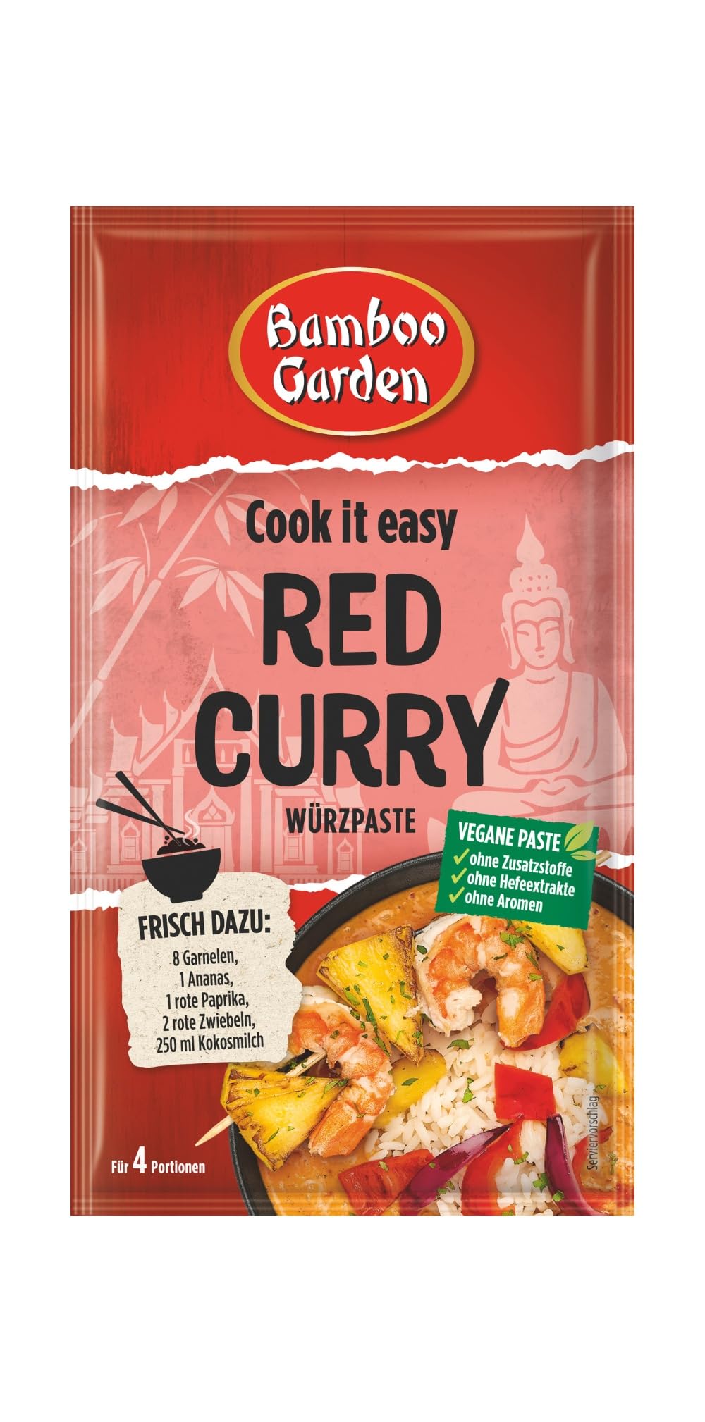Bamboo Garden - Red Curry Würzpaste | Zum Zubereiten von rotes Thai Curry | Für 4 Portionen | Vegan, natürliche Zutaten | 45 g im Beutel