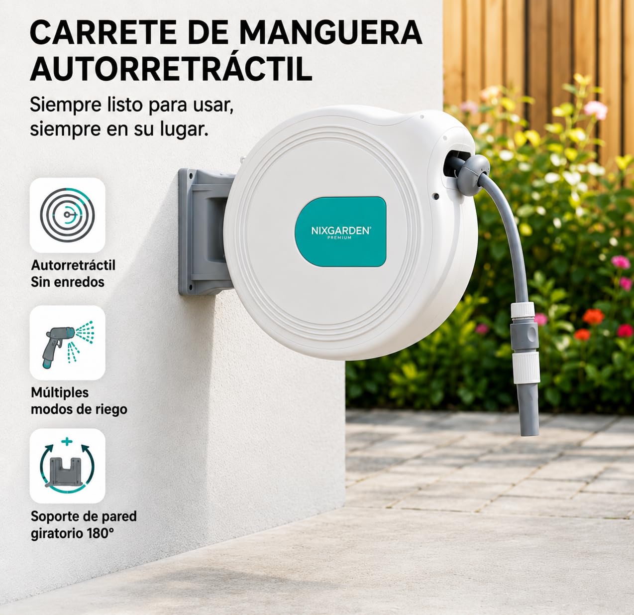 Enrollador de manguera automático con soporte de pared – Sistema auto rewind, soporte giratorio, pistola pulverizadora multiusos, guía anti-desgaste