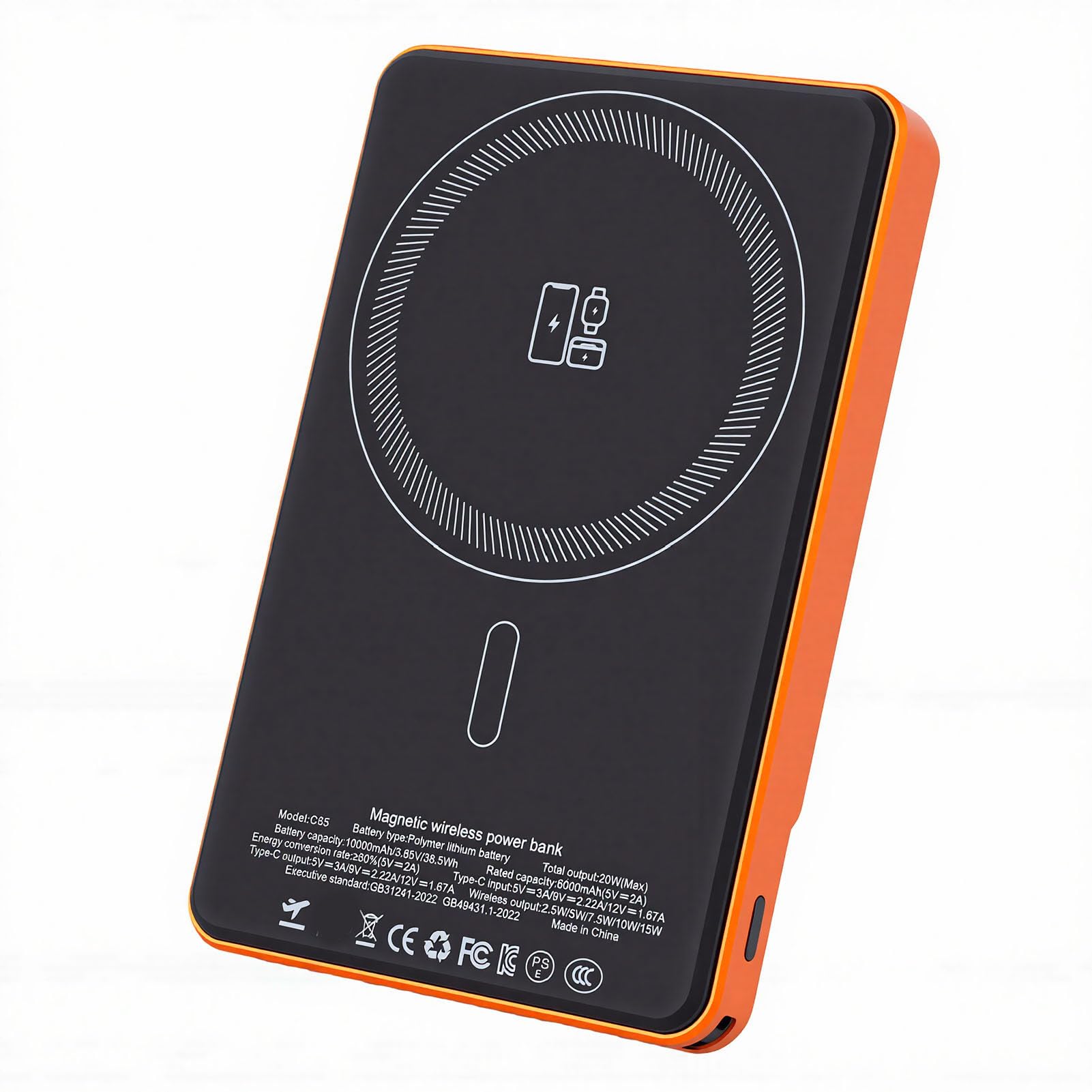 Batterie Externe Magnétique sans Fil 3 en 1, Chargeur Portable 10 000 MAh avec Charge Rapide PD 20 W, Charge sans Fil 15 W, écran LCD et Support intégré, pour Smartphones (Orange)