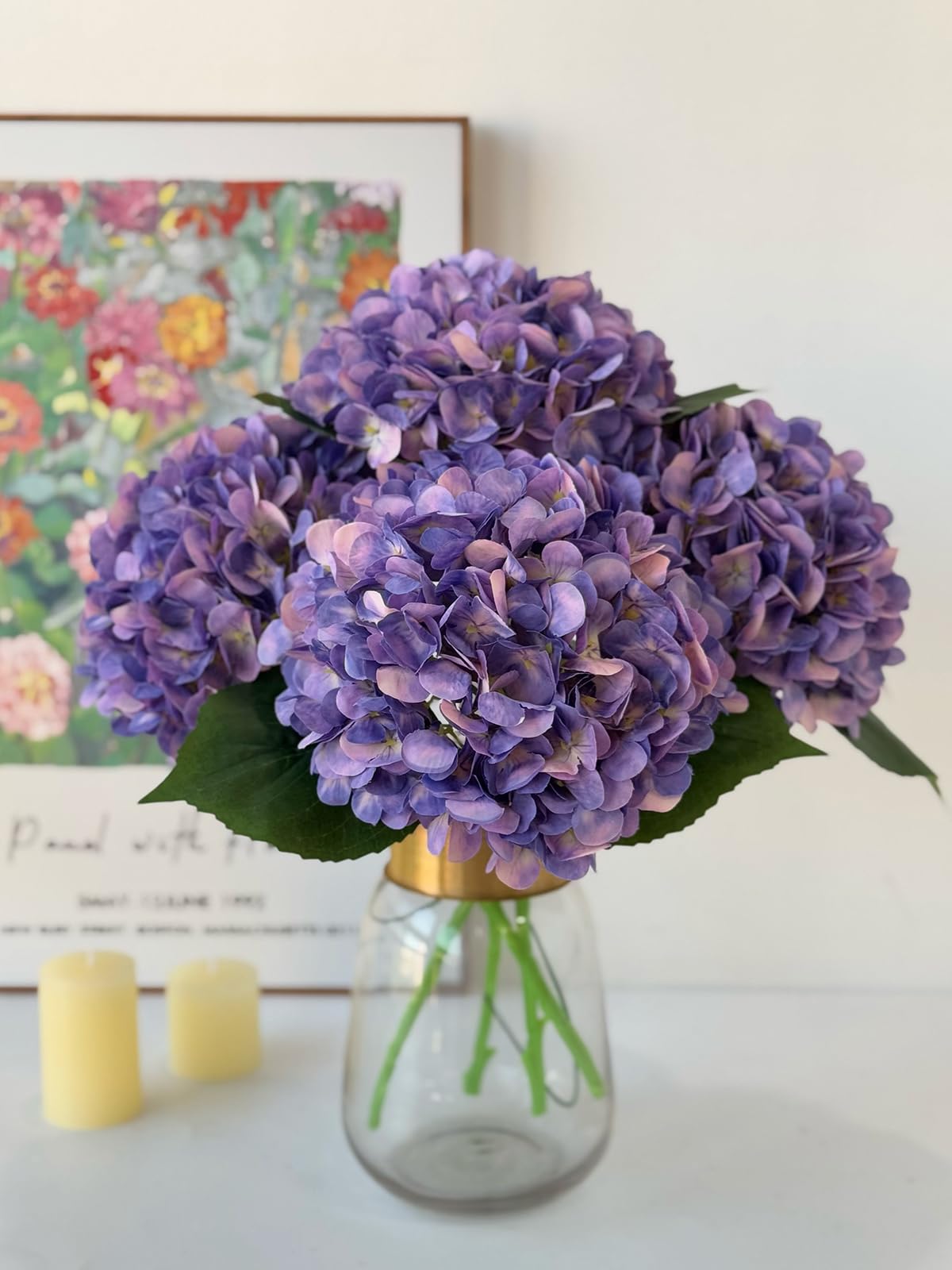YalzoneMet 4Pcs Purple Silk Hydrangea Artificial Flower Lifelike Big Blooms 20'' Long Stem Faux Hydrangea Flower Bouquets for Home Party Indoor