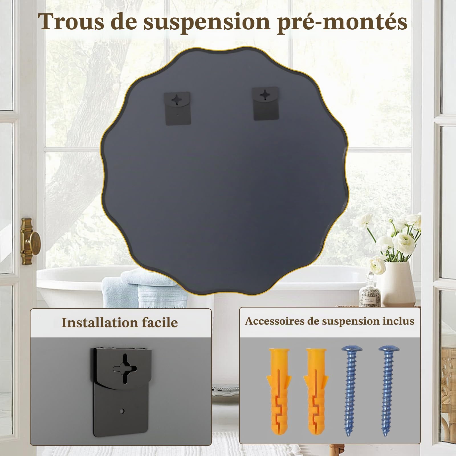 BEAUTYPEAK Miroir rond de 106 cm - Avec bord ondulé - Cadre en aluminium - Grand miroir rond à suspendre et à s'appuyer - Miroir mural rond pour chambre à coucher, salle de bain, couloir - Doré