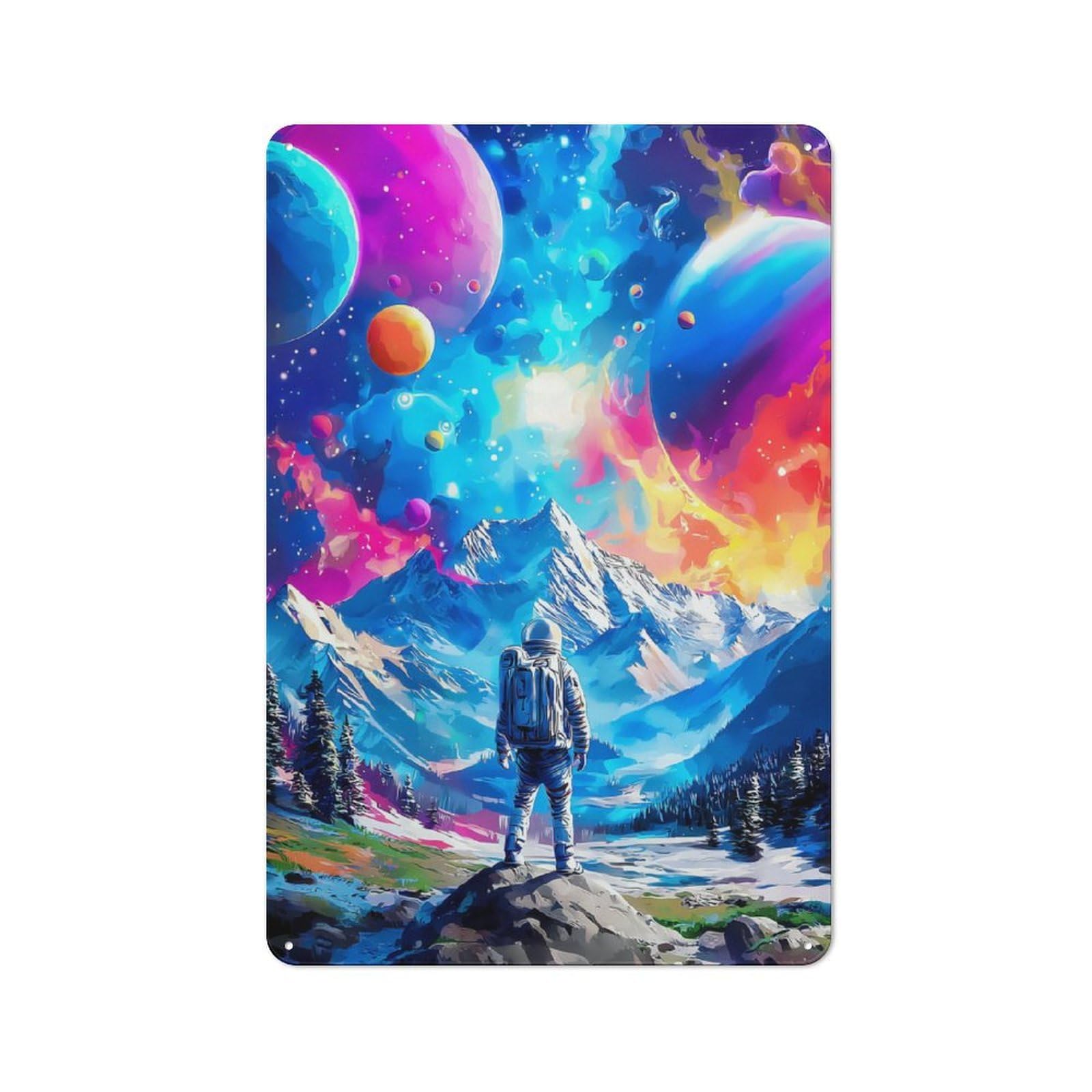 Junmoney Astronaut In A Colorful Galaxy Tin Wall Plaque 30X20cm With For Café Or Restaurant, Suited To Restaurant Decor Fans