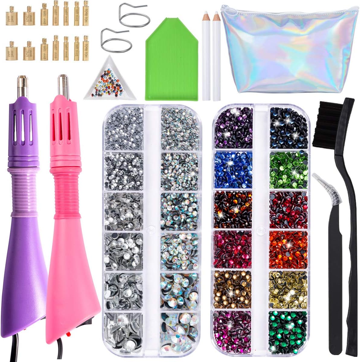 Two Hotfix Applicators with 7200 pcs Rhinestones- Flatback Hotfix Rhinestones in 14 Colors and 7 Sizes with Two Color Rhinestone Applicators in One Hotfix Applicator Kit