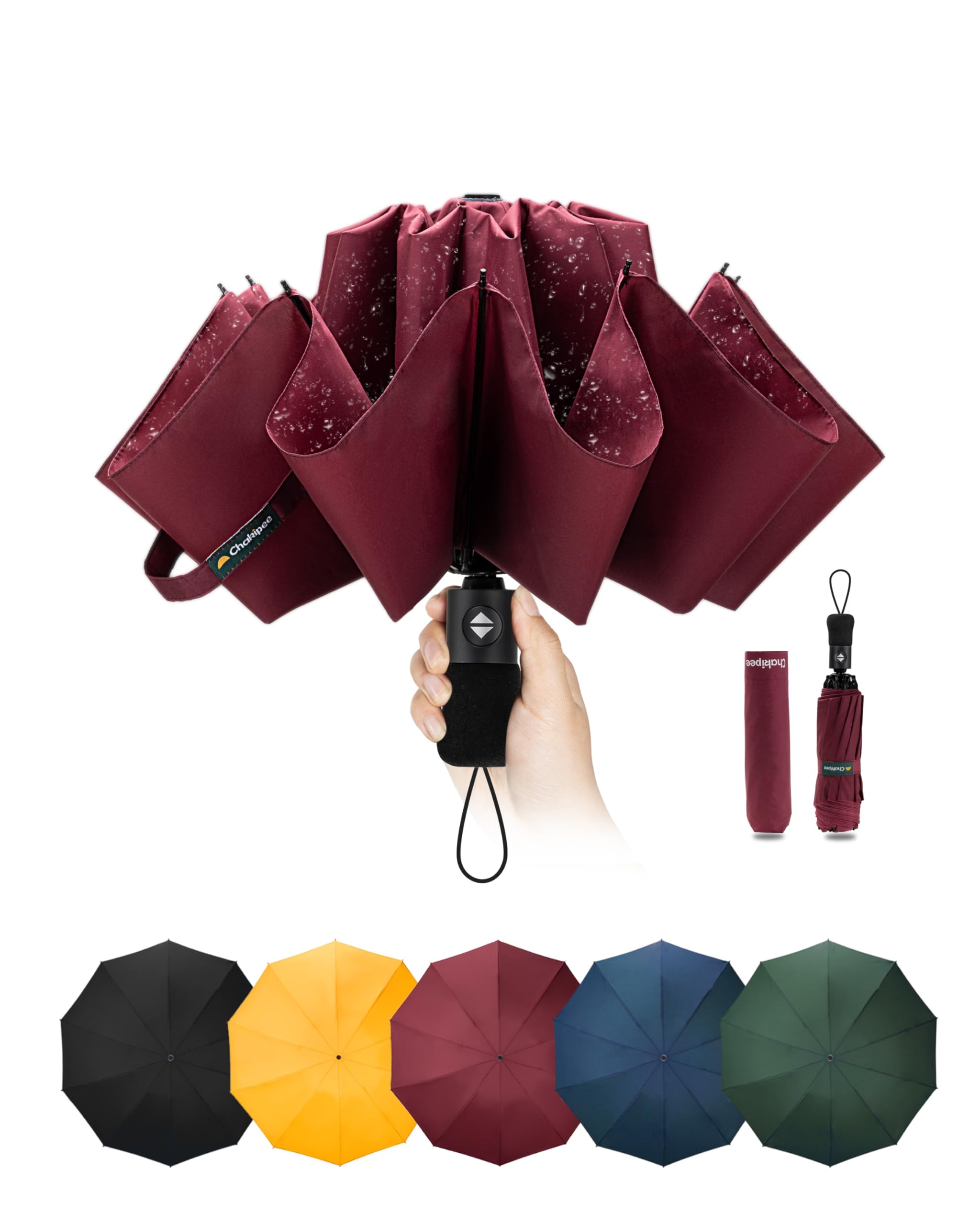 Compact Travel Umbrella Windproof Strong- Automatic Inverted Folding Umbrellas for Wind and Rain, 210T Coating 105cm Span - 10 Ribs Red Portable Umbrella for Men and Women