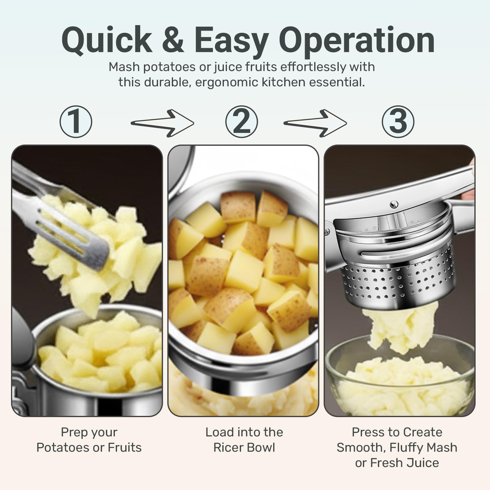 AEX Kartoffelpresse aus robustem Edelstahl, Kartoffelpüree-Stampfer, Zitronenpresse, Küche, Kochen, Stampfer für flauschige Kartoffelpüree, spülmaschinenfest, Silber