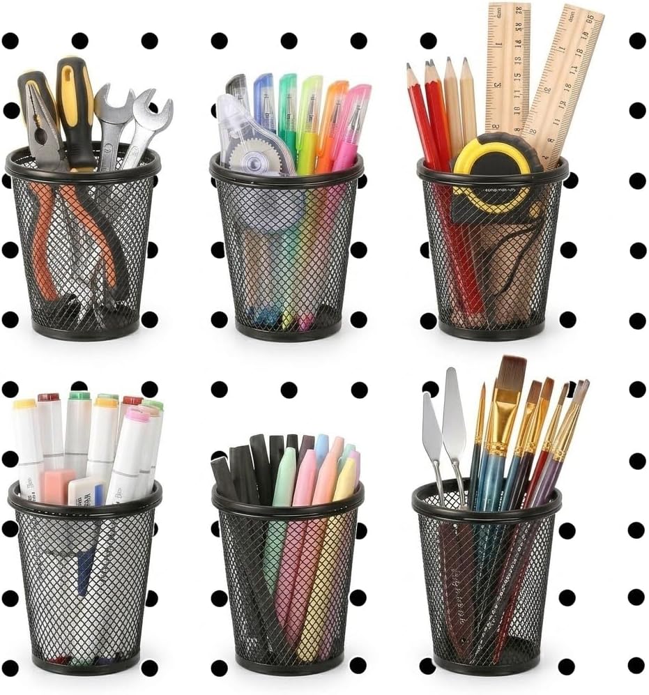 6 Pack Pegboard Cups with Ring Hooks, Metal Pegboard Organizer Accessories, Multipurpose Pencil Holder Bin for Garage, Workbench, Office, Craft Room, Black