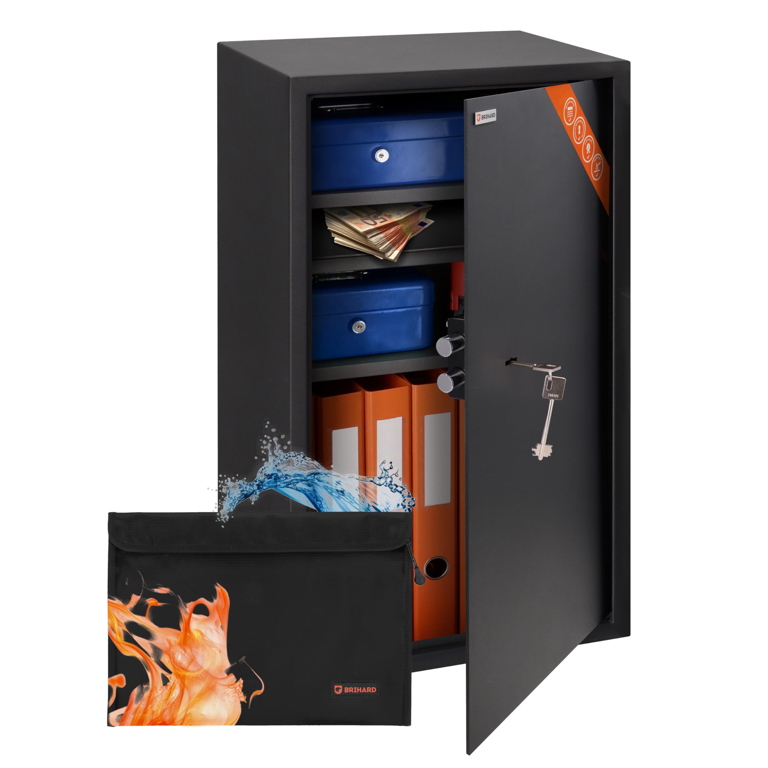 Business XXL Coffre-fort à Clé 73x40x36 cm avec Sac Ignifuge A4, Grand Coffre-fort de Bureau 102 L pour Documents A4 avec 3 Etagères Réglables, Coffre-fort à Clés pour Argent et Bijoux