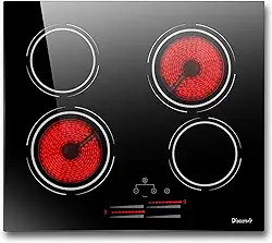 Fogão elétrico de 4 bocas – topo de fogão elétrico de 6000 W de 6000 W de alta potência integrado, topo de cerâmica com trava de segurança, temporizador de 99 minutos, sensor de toque, 220 V