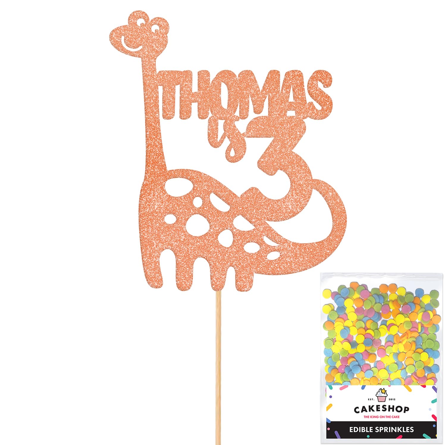 Personalised Birthday Dinosaur Glitter Cake Topper- Rose Gold Any Name & Age Glitter Cake Decoration and Sprinkles - Happy Birthday Decorations - Personalised Toppers for Cakes by Cakeshop