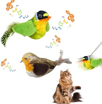 Abnaok 2PCS Chirping Bird Cat Toy with Elastic Rope, Simulation Bird Design, Interactive Toys for Indoor Kitty Kitten Exercise, Suitable for Indoor/Outdoor Cat Exercise Grey-Orange + Green