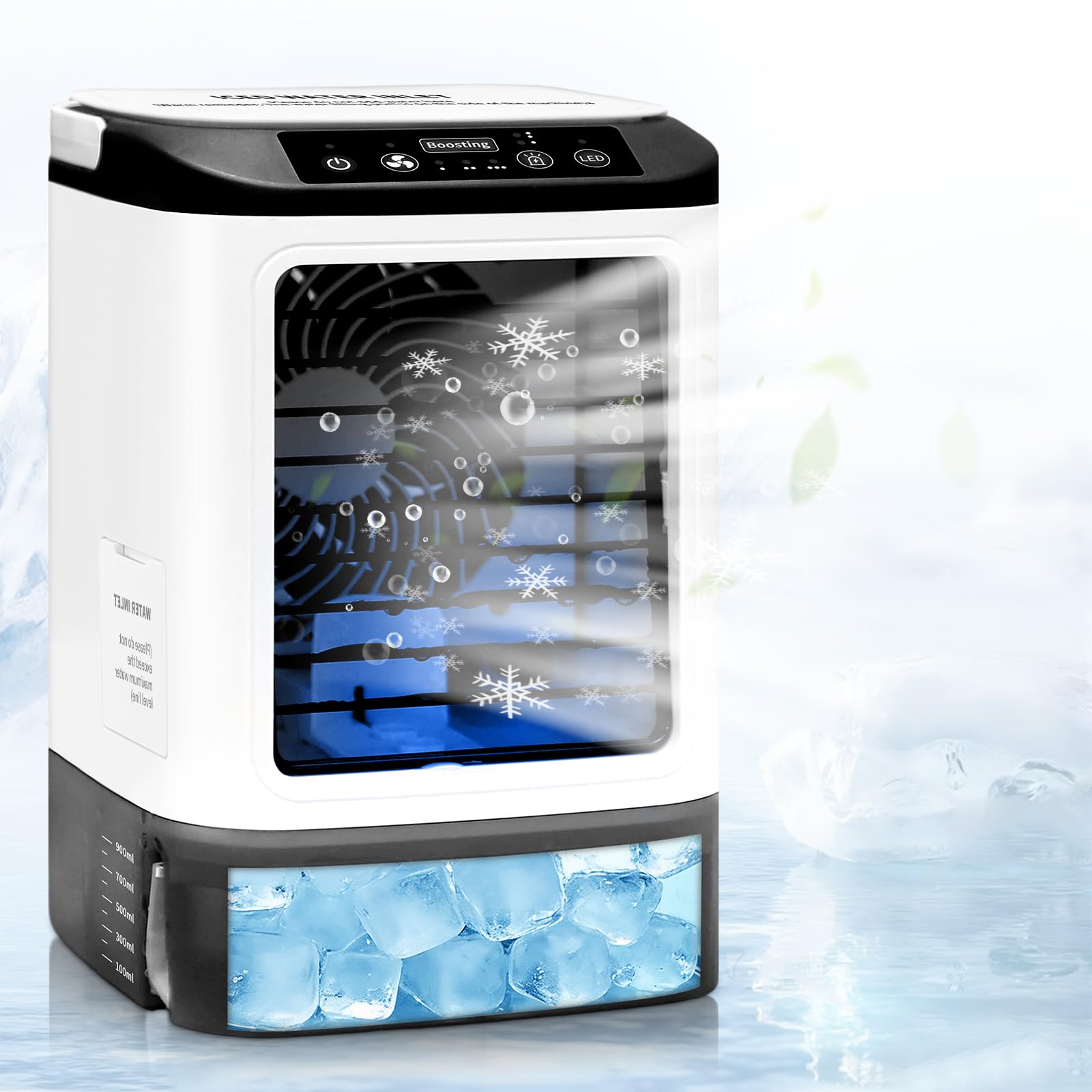 Mini Air Conditioner,2026 New Portable Air Conditioner Fan,Personal Air Cooler with 4 Speeds,2 Mist Modes,7 LED,900ML Water Tank,Ice Box,Rechargeable Small Air Conditioner for Bedroom,Office& Travel
