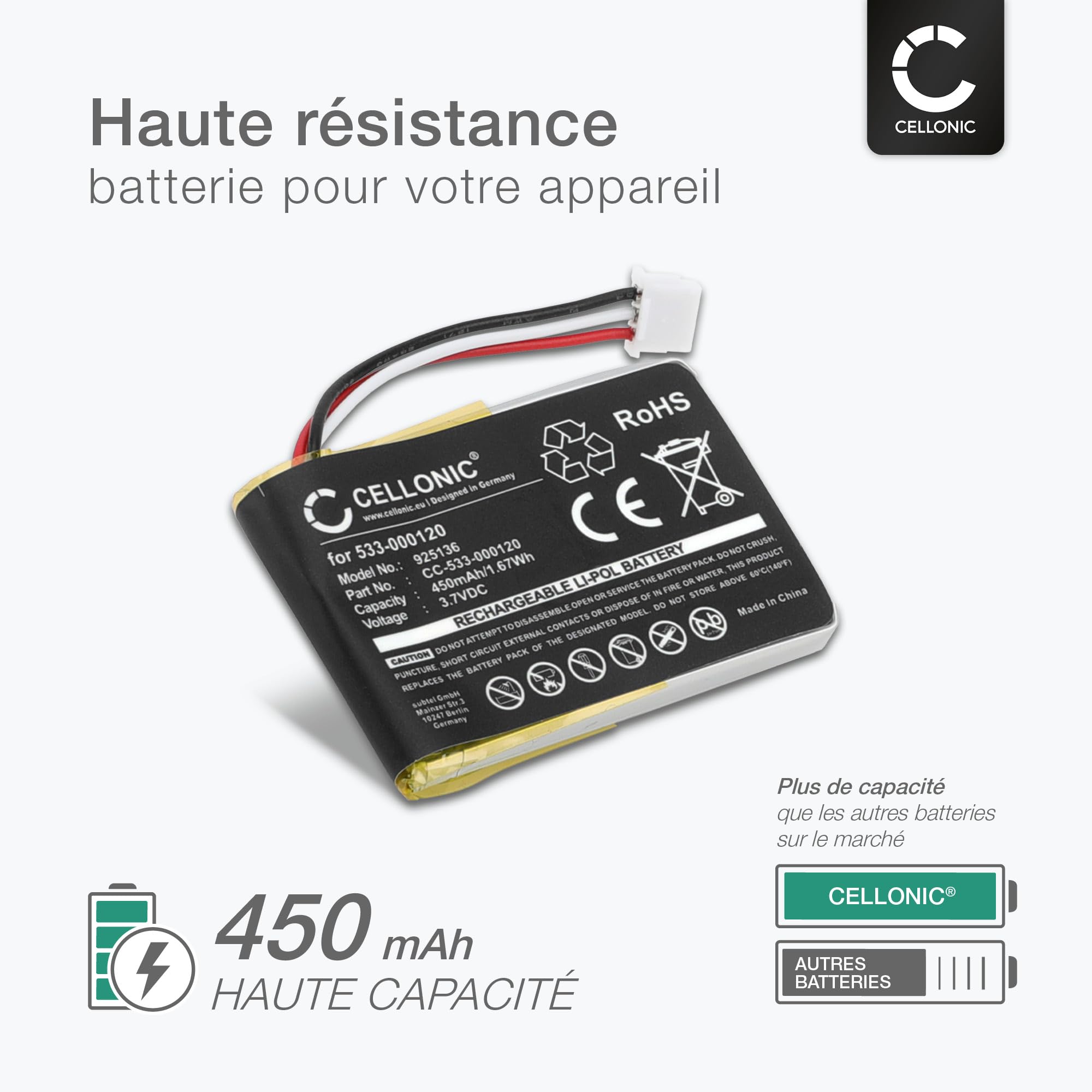Batterie 500 MAh Compatible MX Master Et T650 - Remplace 1506, 533-000088, HB303450