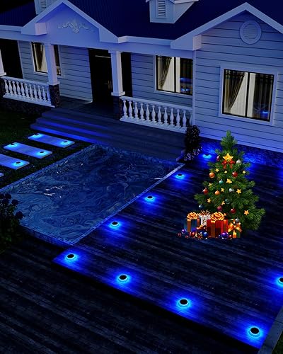 Miniatura 10 de Paquete de 6 luces solares para entrada al aire libre IP68 impermeables, luces azules para escalones de cubierta alimentadas por energía solar,