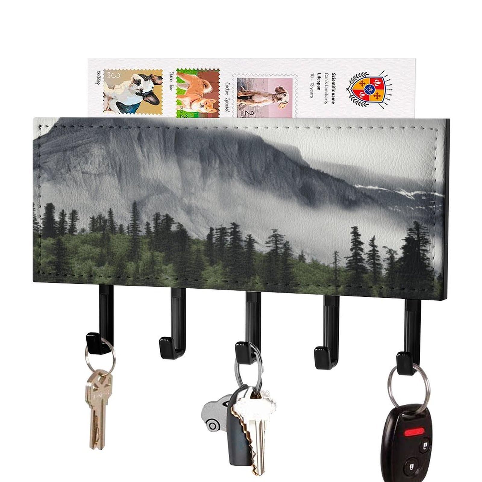 Vstadank Black-Style Canadian Smokey Mountain Cliff Key Holder For Wall Key Holder Wall Mount Adhesive With Mail Organizer Tray Adhesive Metal Key Rack With 5 Hooks Hanger Pu Leather Key Hanger For Entryway