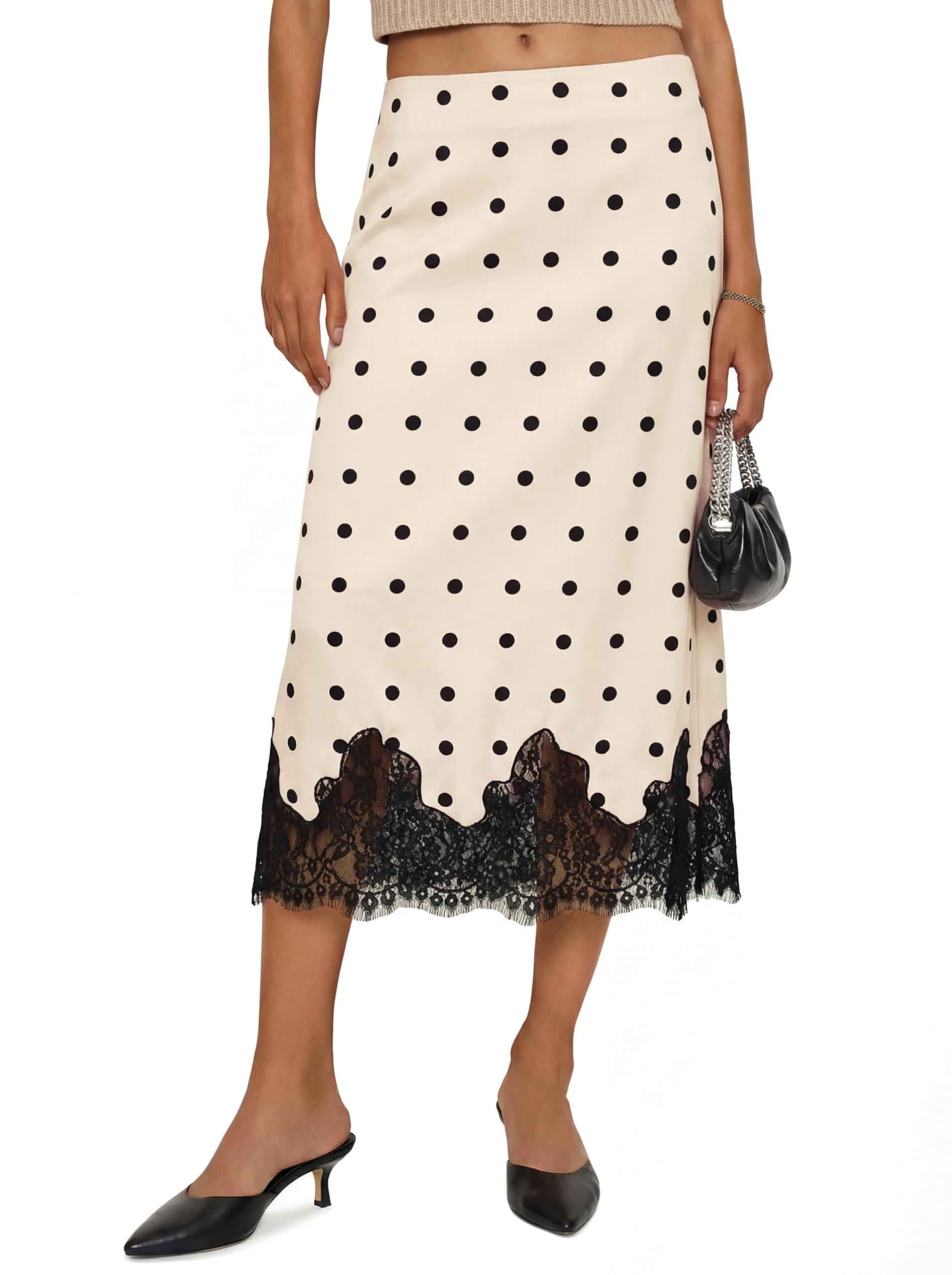 Cicy Bell Women Silk Satin Midi Skirts Casual Dressy Lace Hem Elegant Skirt High Waist A-line Midi Skirt,Lace Hem & Hidden Side Zipper,Elegant Silhouette for Office,Dating,Cocktail Parties,All Seasons