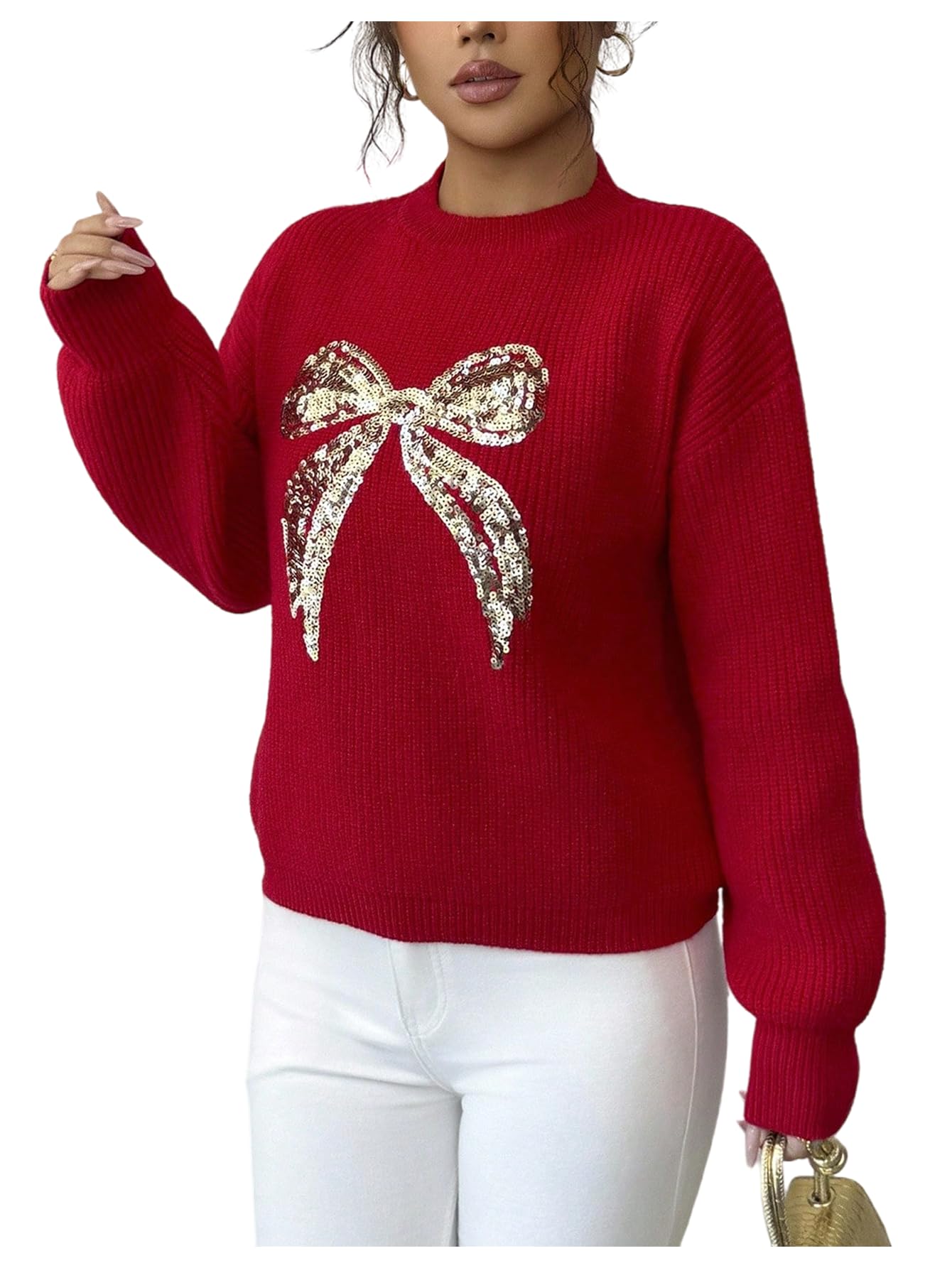 RoseSeek Women's 3D Floral Appliques Crewneck Sweaters Long Sleeve Drop Shoulder Pullovers Elegant Knit Tops