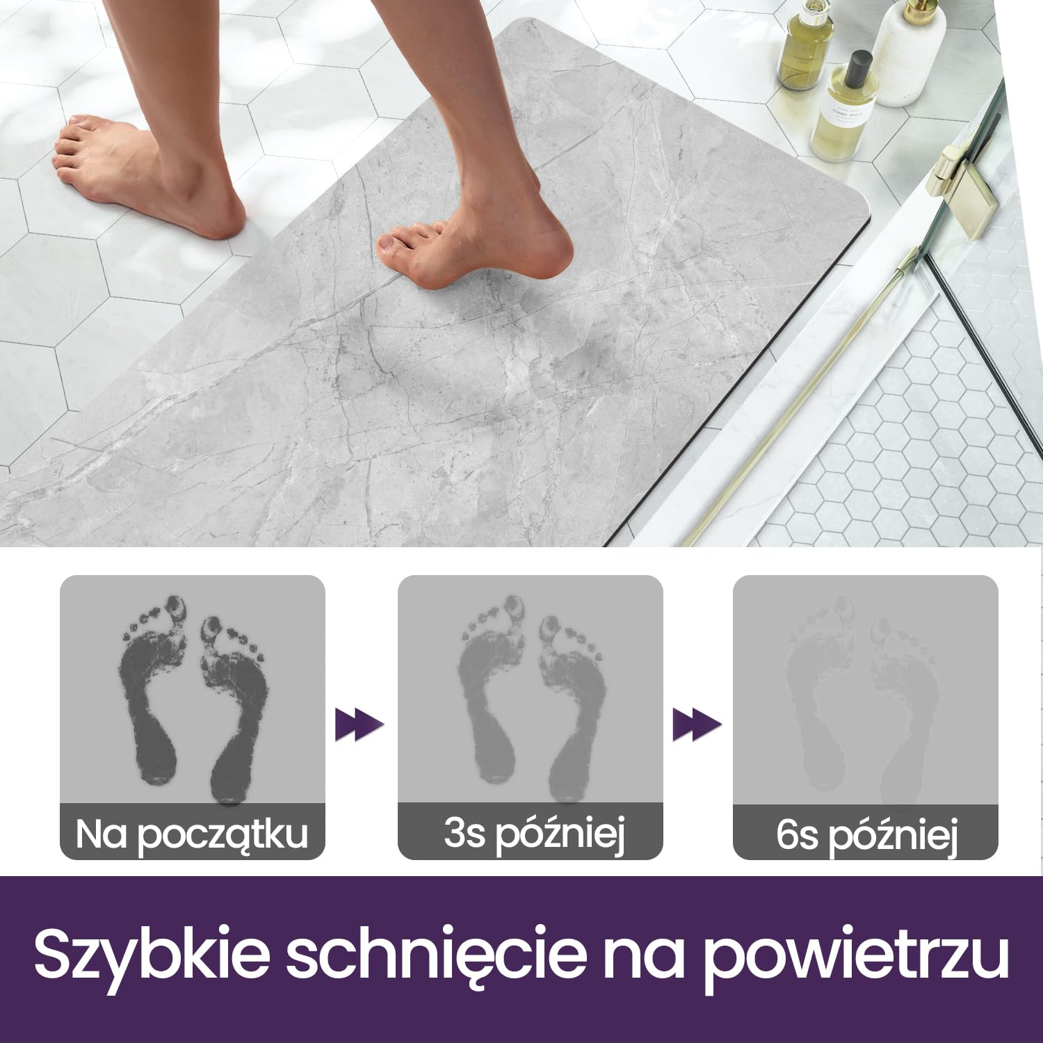 DEXI Chłonny dywanik łazienkowy 60 x 110 cm, dywaniki antypoślizgowe i zmywalne, ultracienkie, szybkoschnące maty pod drzwi prysznicowe, szary | Zaprojektowany do łazienek, pryszniców, wanien i zlewów, z cienkim profilem i nowoczesnym wzorem marmuru