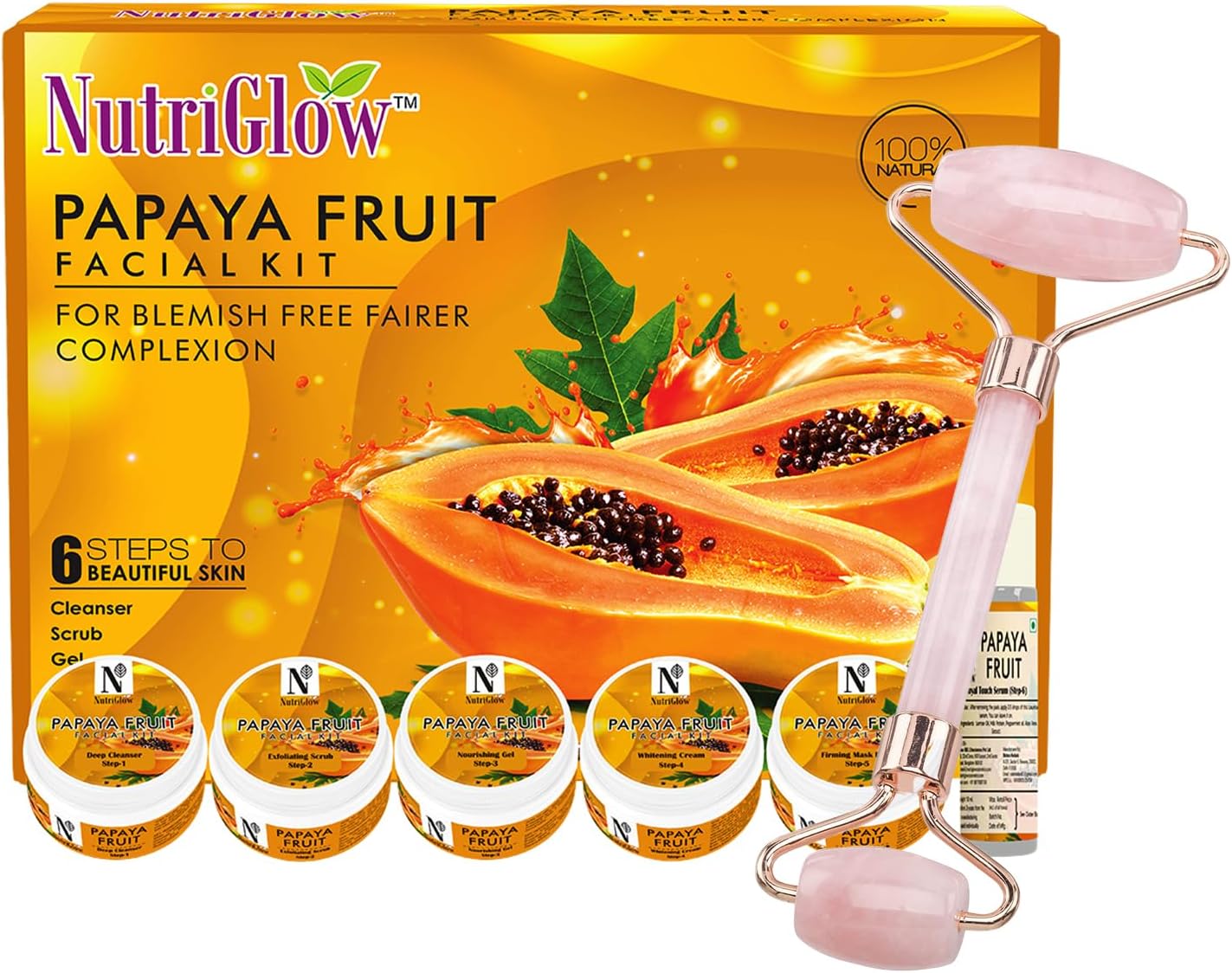 NutriGlow Papaya Facial Kit For Blemish Free and Fairer Skin Hydrated & Brightening Fresh Looking Skin, All Skin Types, No Parabens & Sulphates, 250gm+10ml With Jade Roller