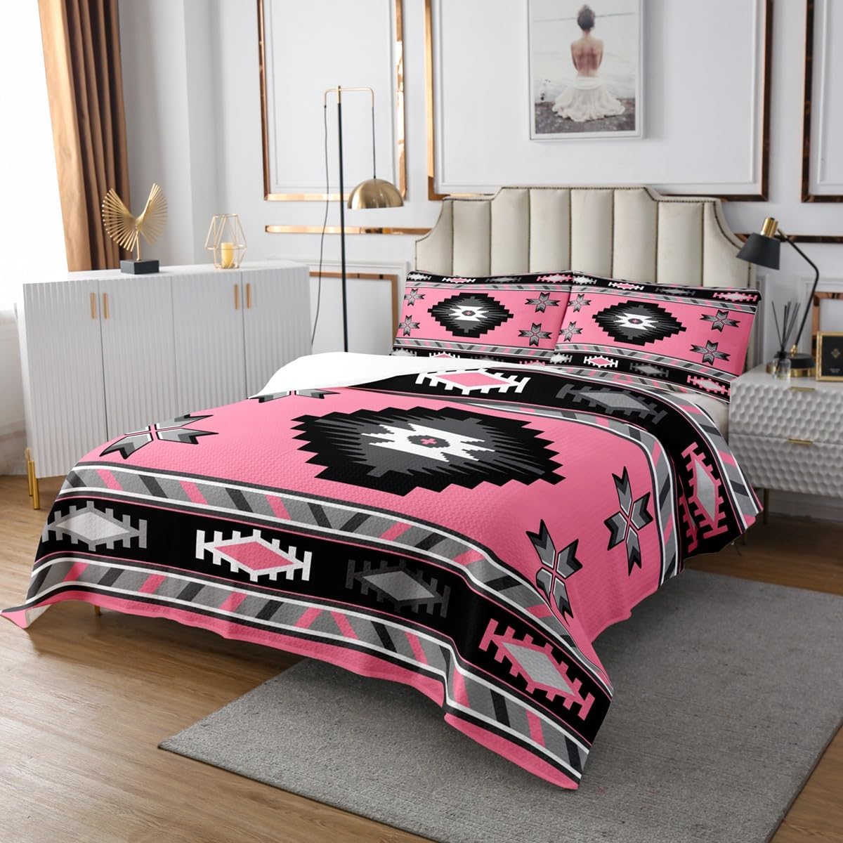 Erosebridal Western King Bedspread Set for Girls Women Bohemian Pink Black Tribal Bedding Sets for Teens Adult Retro Ethnic Aztec Bedding Exotic Coverlet Set Southwestern Indian Bed