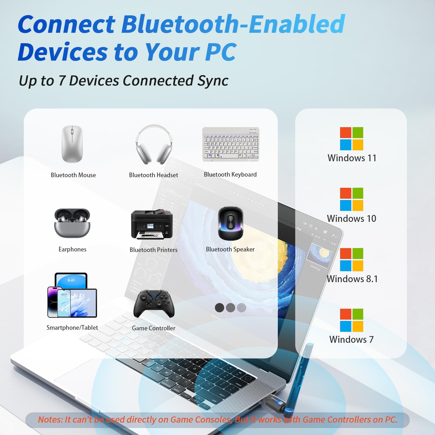 Adaptador Bluetooth 6.0 de largo alcance para PC, PA integrado para dongle USB inalámbrico de alta ganancia de 5 dBi para Windows 11/10/8.1, computadora de escritorio, Plug & Pair con