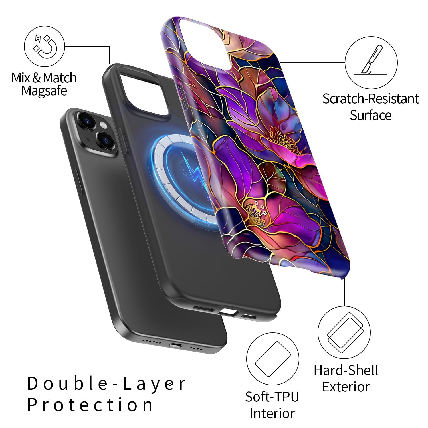 for iPhone 15 Plus Case - Wireless Charging Compatible - Dual-Layer Hard Shell + Silicone Cover - Shockproof Protective Phone Case with Stylish Designs for Women - Blooming Purple Flowers