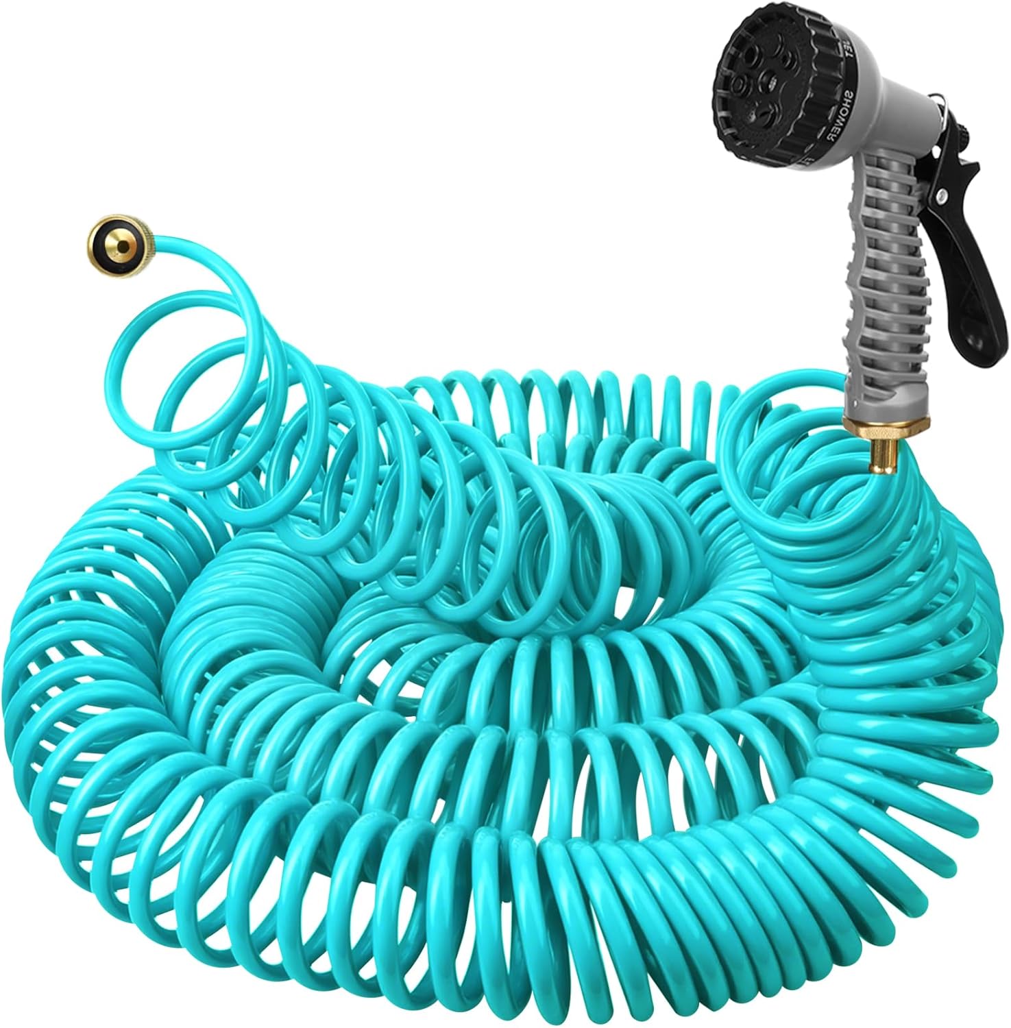 100 FT 3/8" Lightweight Coiled Garden Hose EVA Flexible with 7 Function Nozzles and Brass Connectors for Garden Watering Plants Greenhouses Patios Lake Blue Lake Blue 100 FT