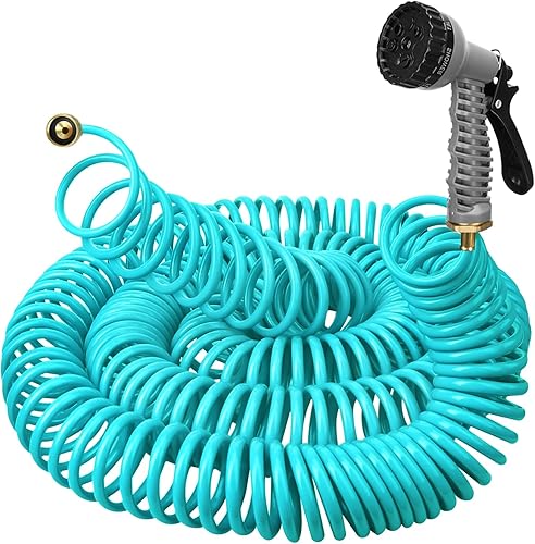 Manguera de jardín ligera en espiral de 100 pies y 38 pulgadas, EVA, flexible, con 7 boquillas de función y conectores de latón para plantas de