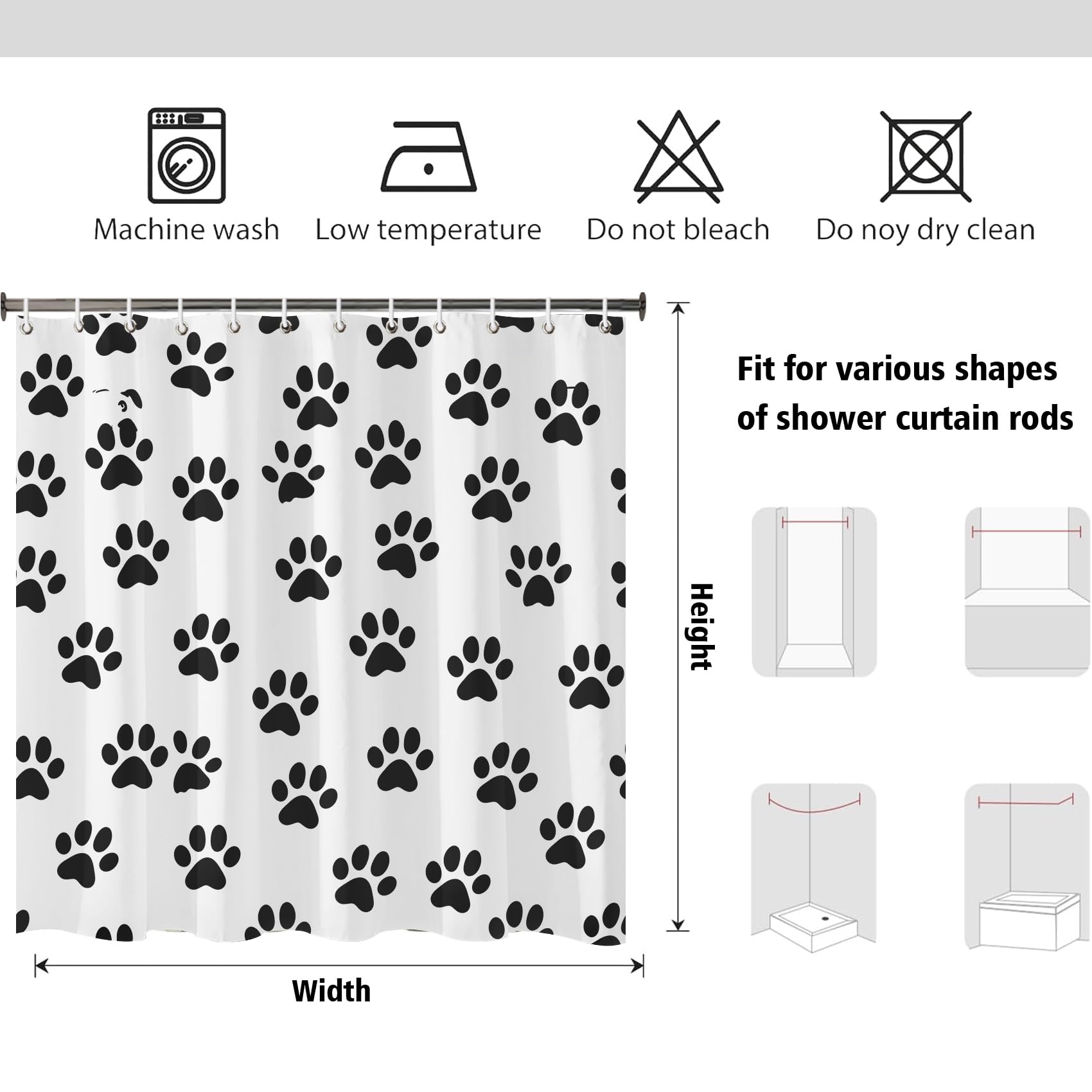 Générique Rideau de Douche Empreinte de Patte Noir Blanc 180x220cm | Rideau Douche Animaux de Compagnie Mignon Tissu Polyester Hydrofuge Rideau Baignoire pour Salle de Bain avec Crochets