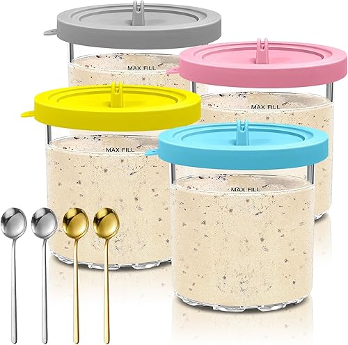 Contenedores de helado para Ninja Creami, paquete de 4, recipientes de 16 onzas con tapas de silicona, tapas de pintas y colores, compatibles con