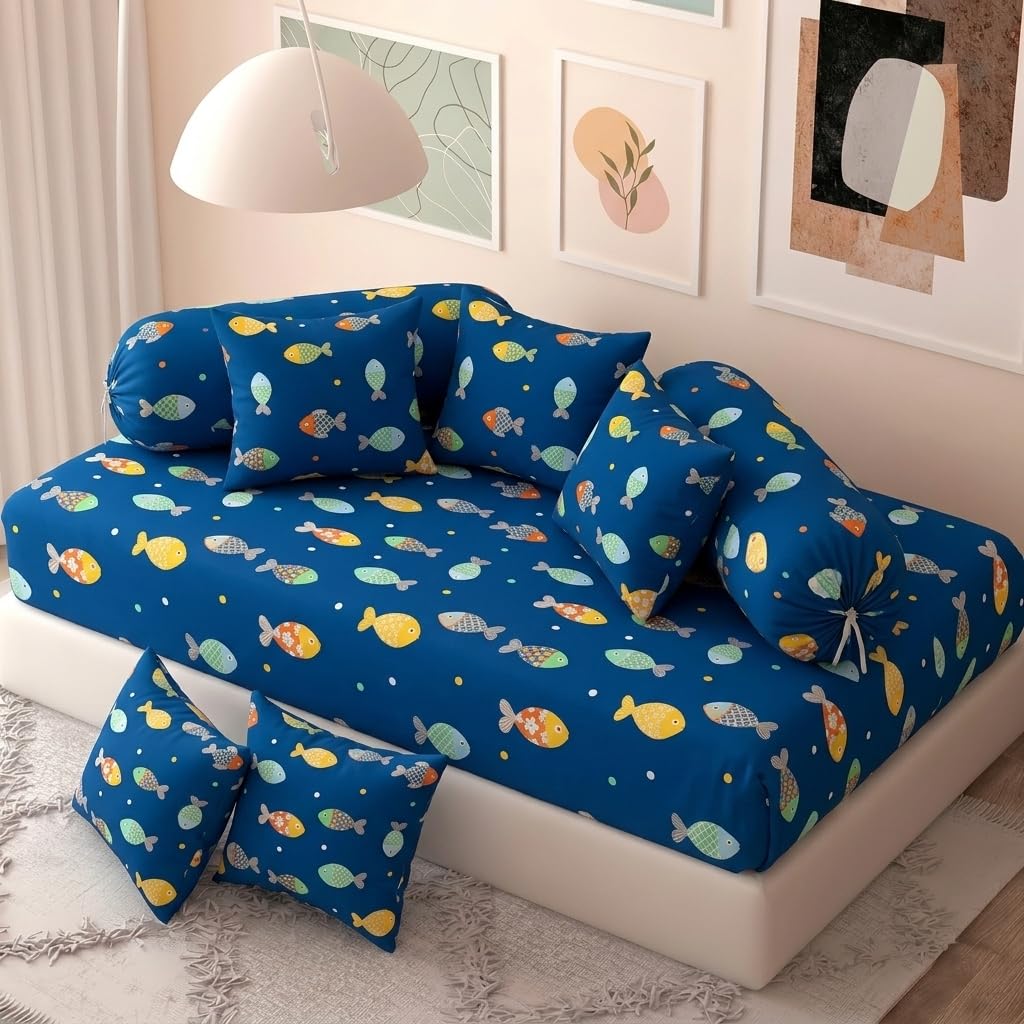 Filymore Cute Fish 8 Pieces Diwan Set for Kids Room Made with Pure Microfiber Package Contains One Single Bedsheet, 5 Cushions Covers and 2 Bolster Covers (Colour -Blue)-picture-32