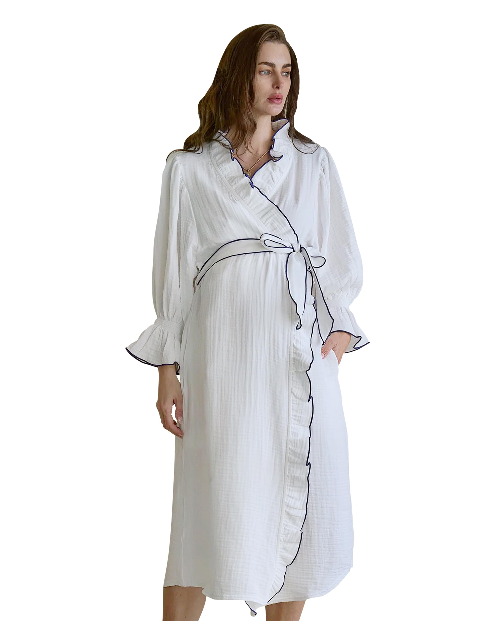 NOTHING FITS BUT Muslin Gauze Maternity Robe for Hospital Nursing Nightgown Puffed Sleeves Modal Cotton Delivery Gown