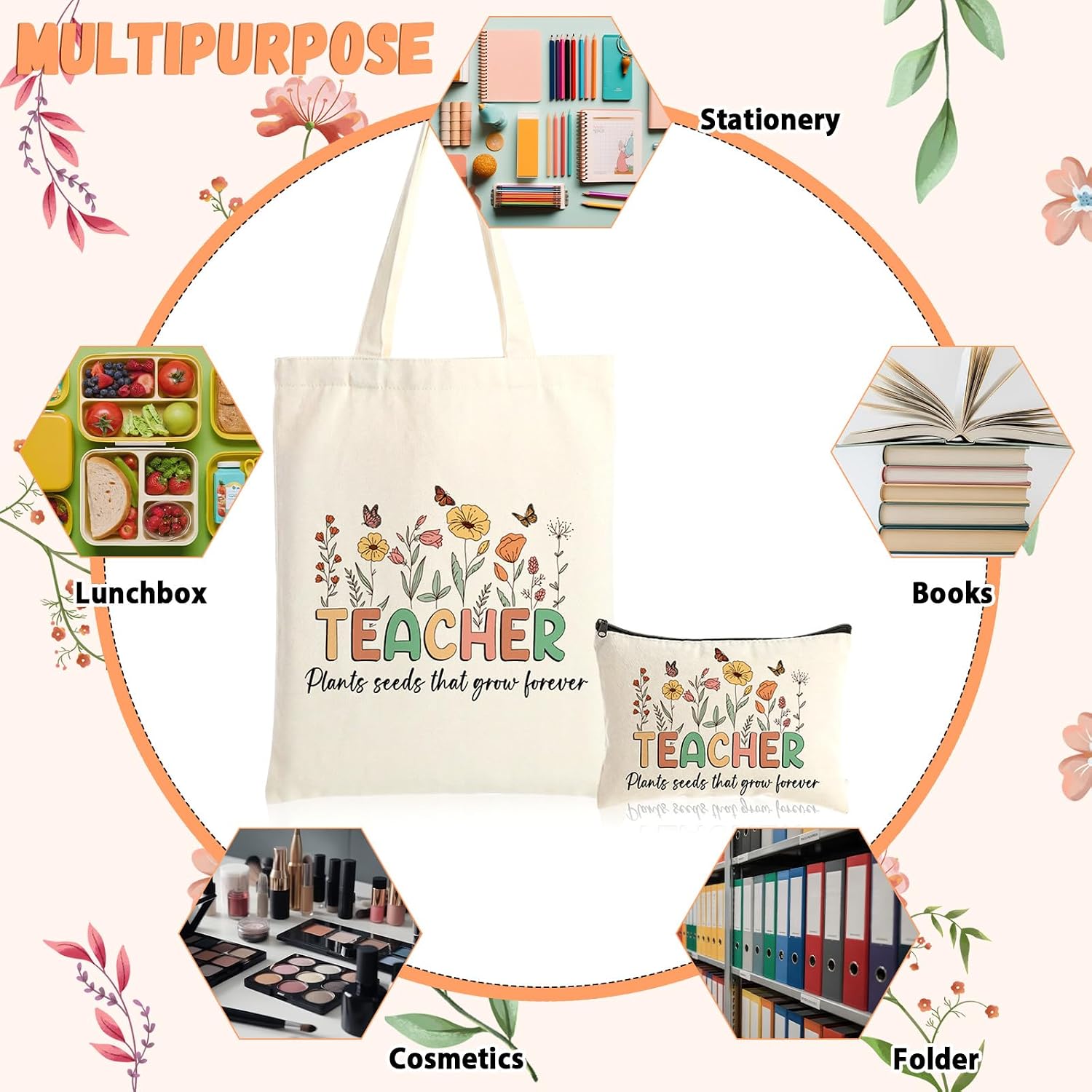 12Pcs Teacher Tote Bags Appreciation Gifts Bulk Thank You Teachers Canvas Tote Bag Personalized Floral Appreciation Canvas Cosmetic Bag for End of Yea Women School Office Summer Supplies