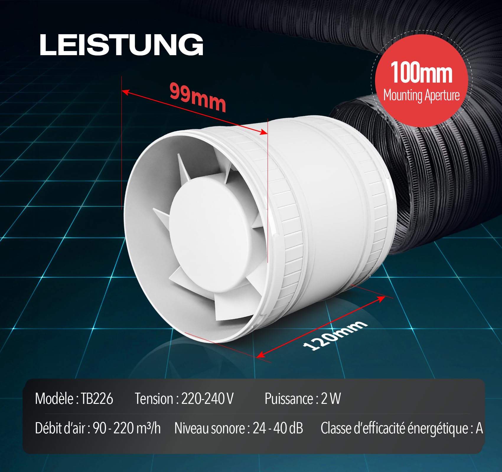 Ventilateur de Conduit Bidirectionnel, 6 Vitesses, Télécommande – Ventilateur Silencieux Puissant avec Protection Contre la Surchauffe, VMC Salle de Bain WC Serre Tente, Extracteur d'air 100mm