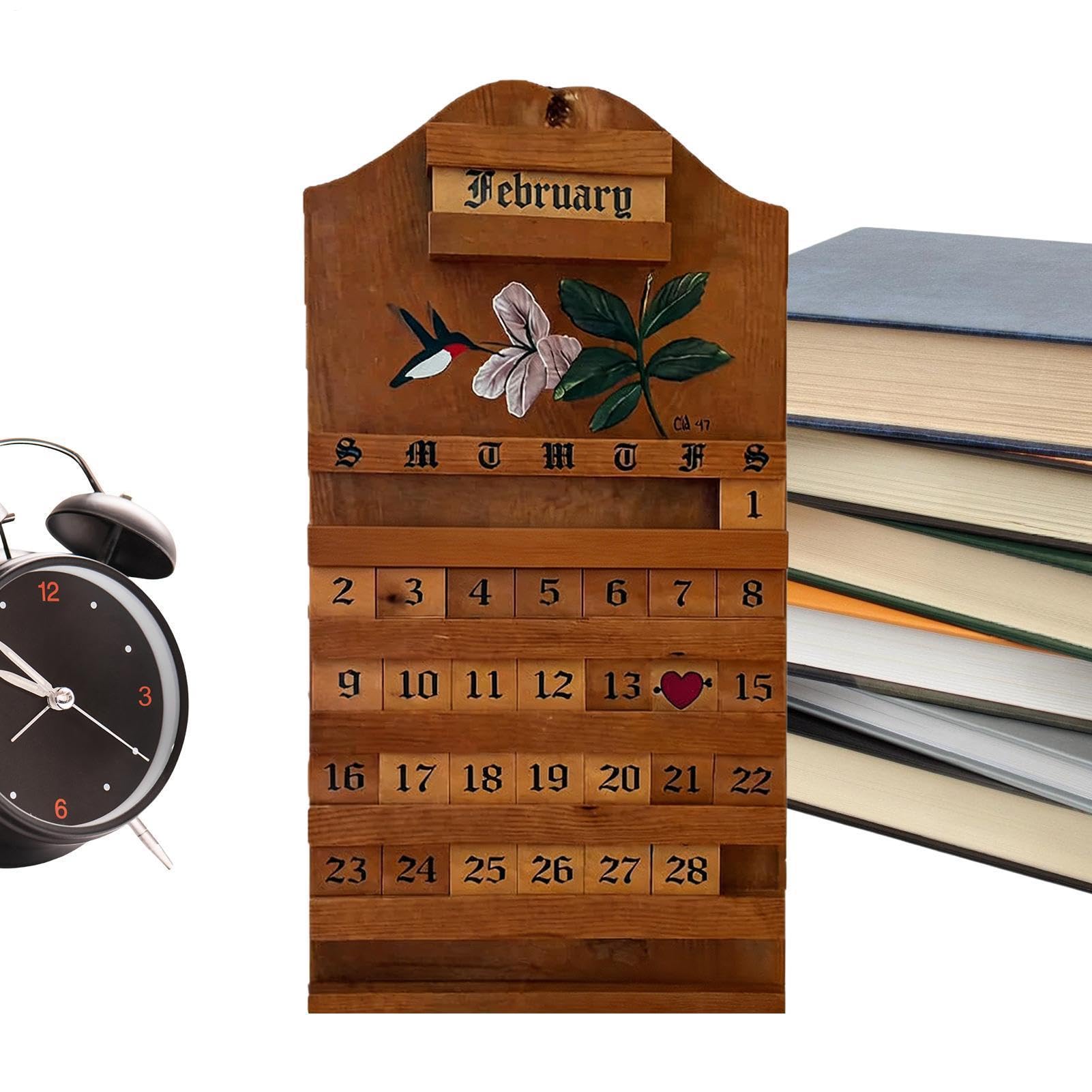 Calendario de madera tallada premium diseño colibrí perpetuo ornamental 8