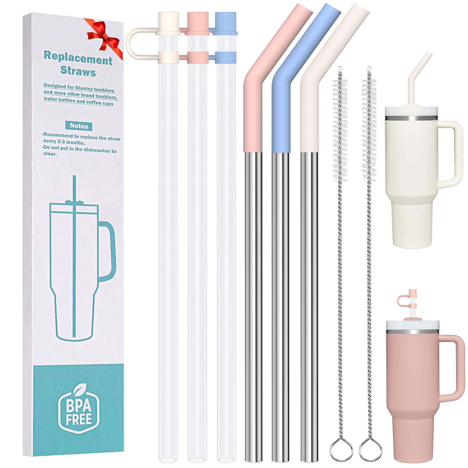 HEYSKAY 6pc Replacement Straws Reusable for Stanley Tumbler Cup 40oz 30oz Metal Plastic Straws with Straw Covers,Silicone Tips and Cleaning Brushes