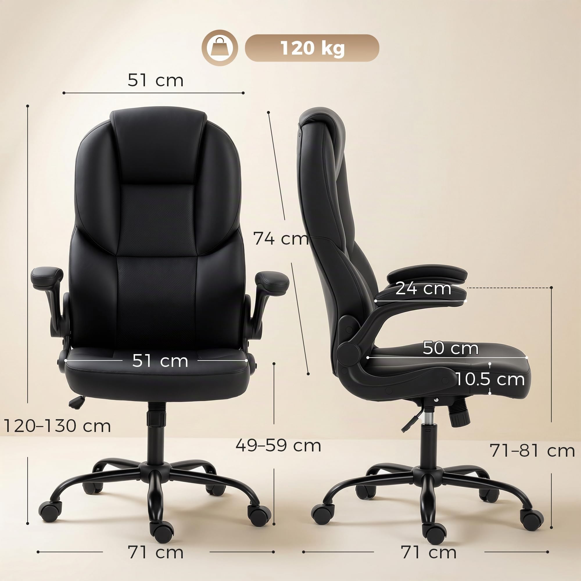 HOMCOM Sedia da Ufficio Ergonomica, Braccioli Ribaltabili Imbottiti, Nero | Schienale Curvato Alto Traspirante, Sedia Scrivania Imbottita Girevole in Pelle PU, Funzione Dondolo, Altezza Regolabile