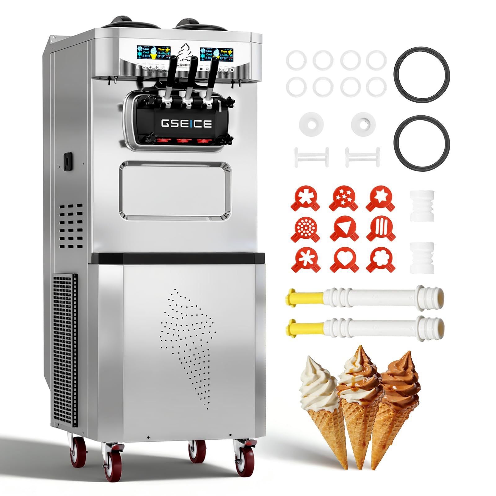 Commercial Soft Serve Ice Cream Machine 115V Floor-Standing Commercial Ice Cream Machine with True Independent Dual System 32-42L