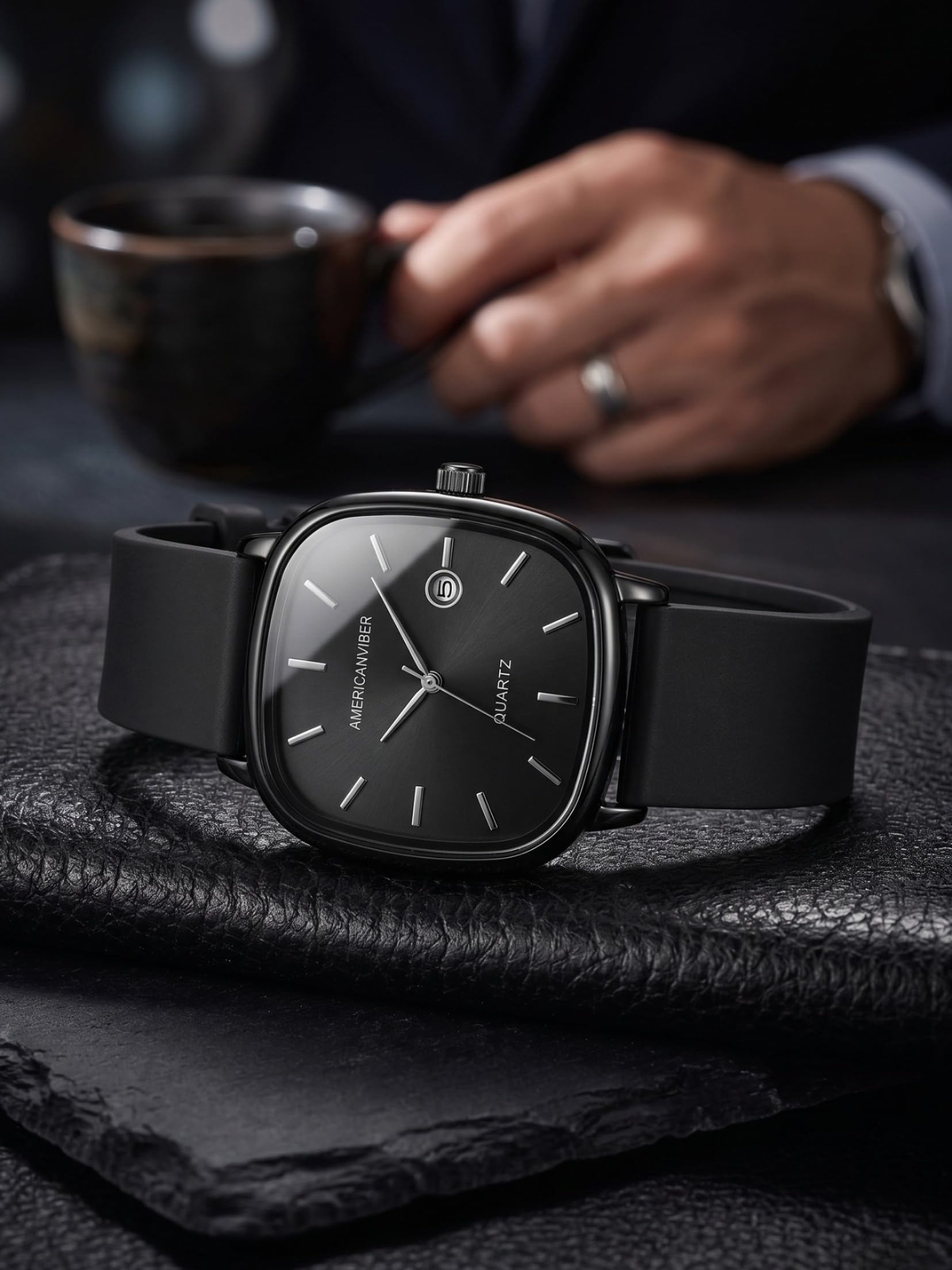 americanviber | Analog Men's Watch with Date Function | Premium Glass | Stylish Silicone Rubber Belt | Formal & Smooth | Black Silicone Strap | Men Watch Under 299 | Sqaure Dial-picture-17
