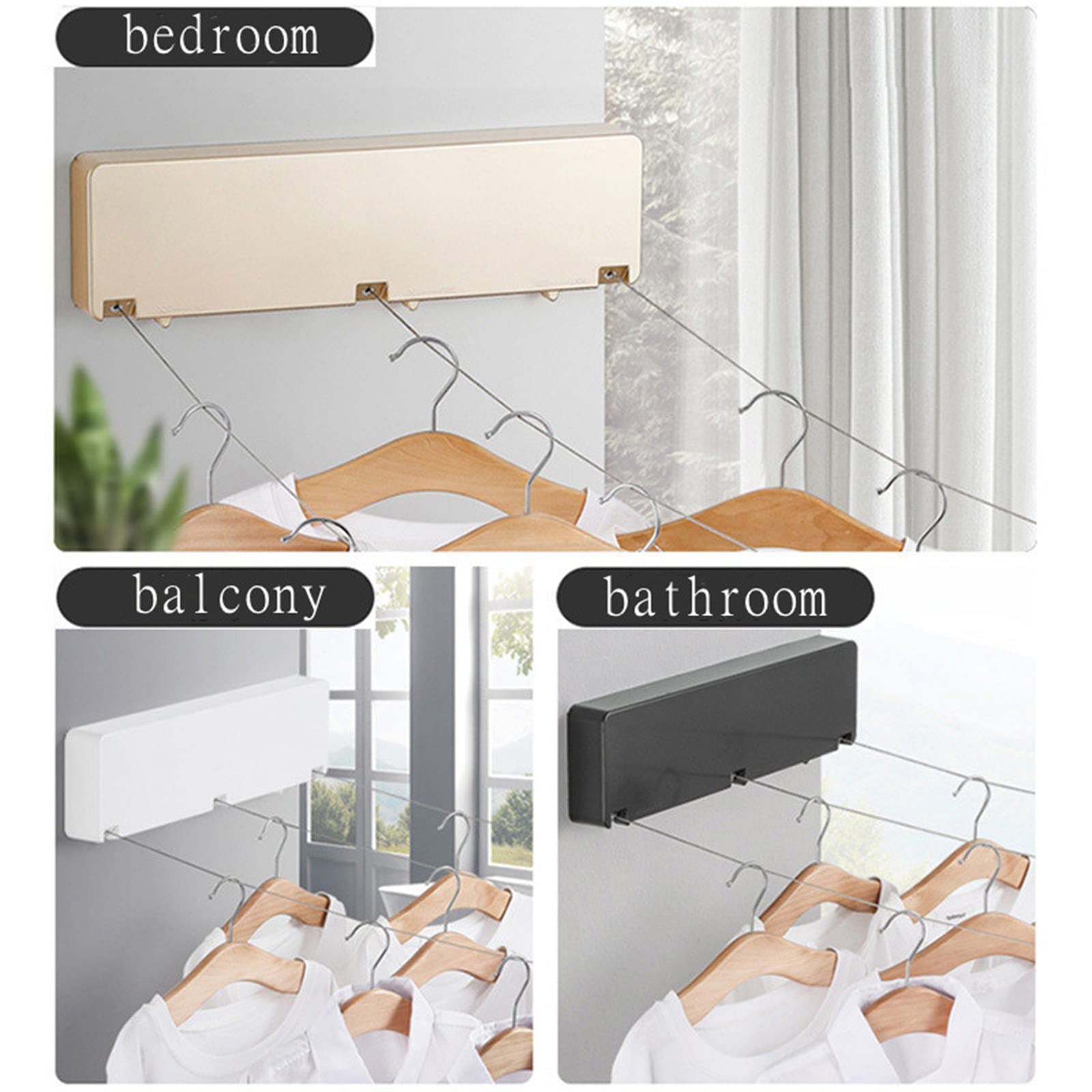 Einziehbare Wäscheleine, 20 Fuß, Edelstahl DREI Wäscheleine, Unsichtbare, an Der Wand Montierte, Strapazierfähige Wäscheleine Zum Aufhängen, Trocknen, Badezimmer, Wäsche,Gold,One Size
